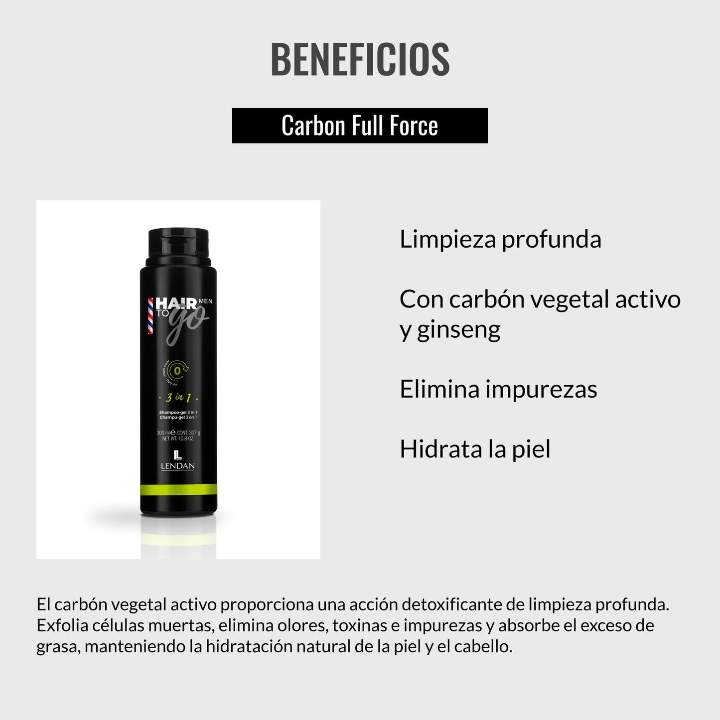 Lendan - 3-in-1 Shampoo-Gel - Hair To Go Men - 300 ml - Shower Gel, Shampoo, and Shaving Gel - Deep Cleansing - with Activated Charcoal and Ginseng - Removes Impurities - Hydrates Skin