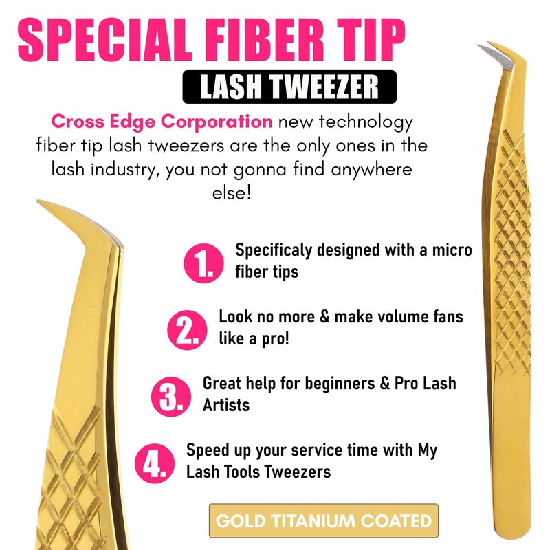 My Lash Tools Fiber Tip Lash Tweezers for Eyelash Extensions Professional Lash Tech Supplies Must Haves Volume Boot Eyelash Tweezers 12cm Stainless Steel Mink Fan Making Lashing Tweezer (Gold)