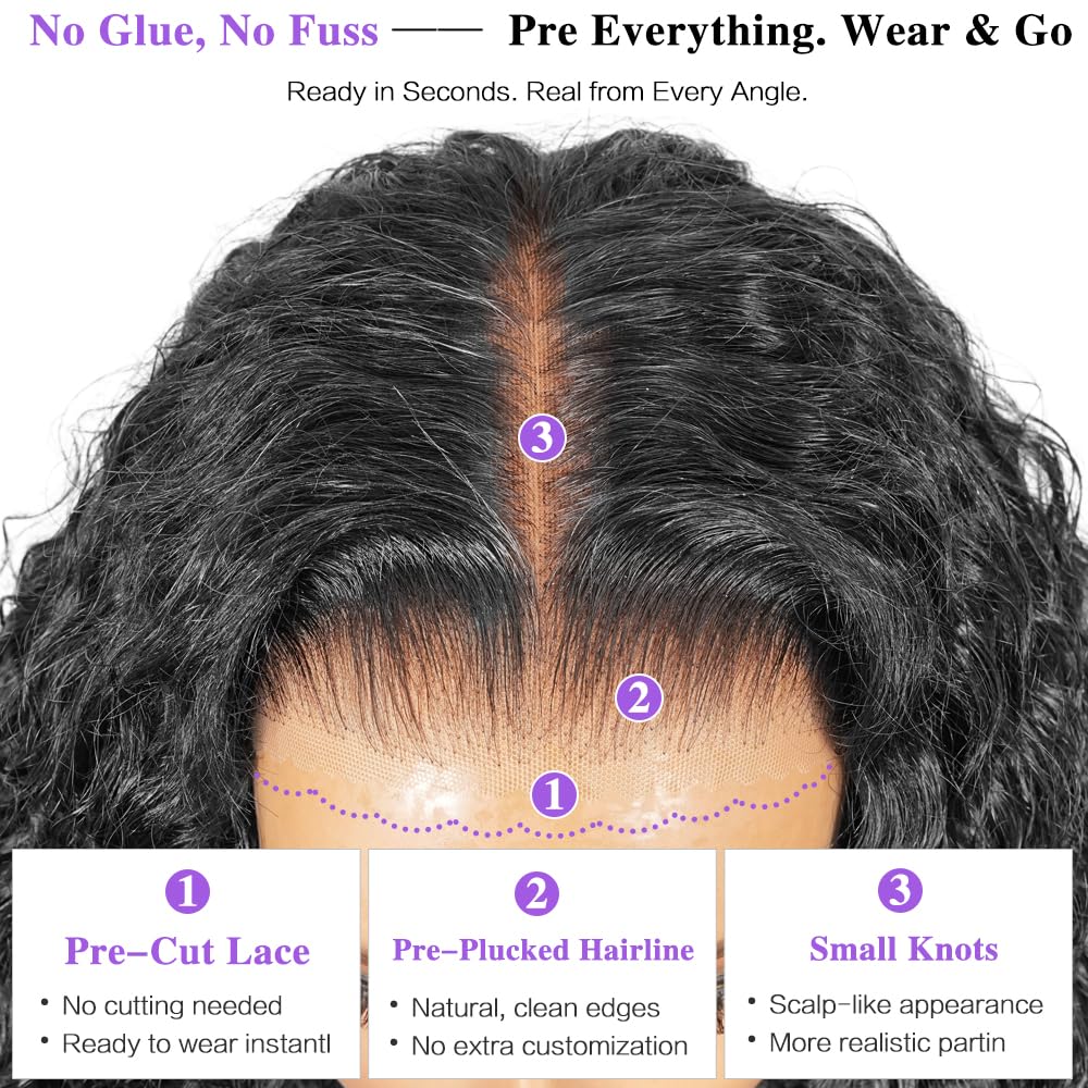 Glueless Human Hair Wigs - 26 Inch Deep Wave Lace Front, 210% Density, Pre Plucked & Cut | 7x5 HD Lace