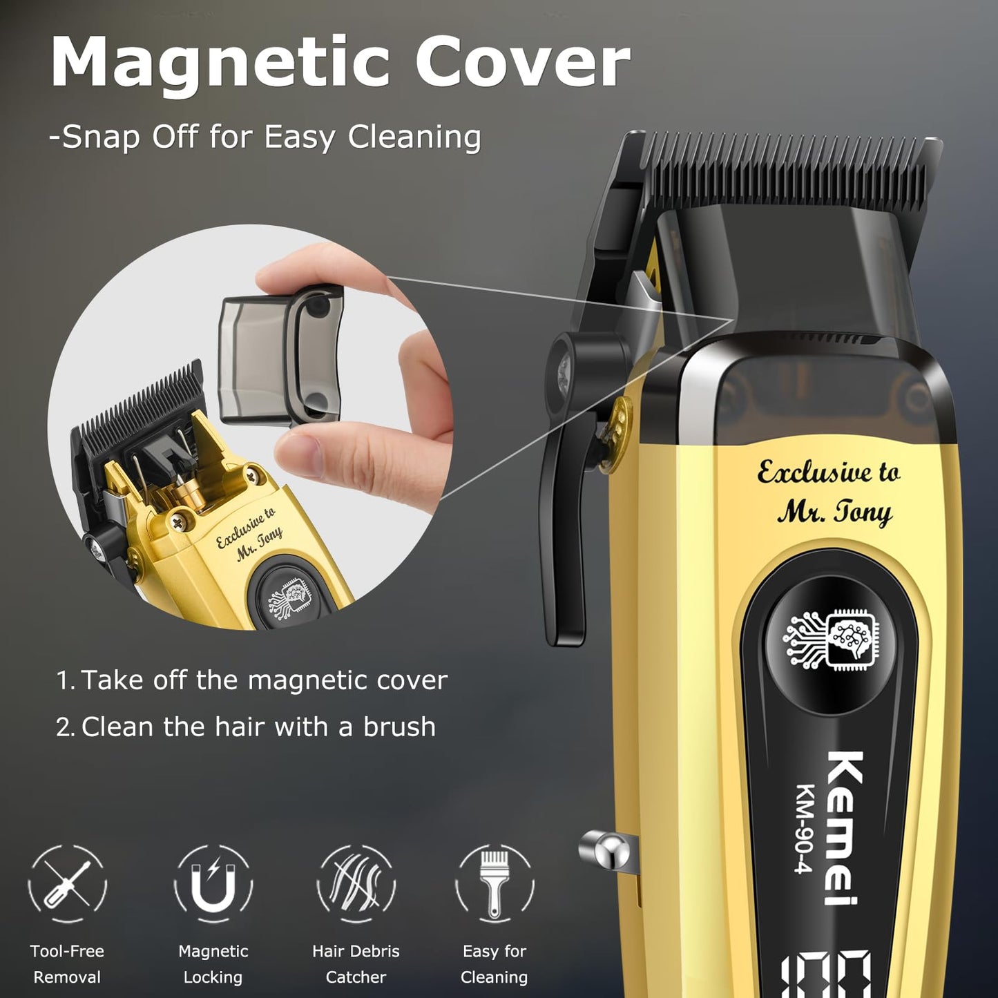 KEMEI 90-4 Professional Hair Clippers for Men, 11500 RPM Barber Clippers with LED Display, Cordless Hair Trimmer with DLC Blade & Charging Base, 2000 mAh Hair Clipper for Barbers Haircut Kit, Gold