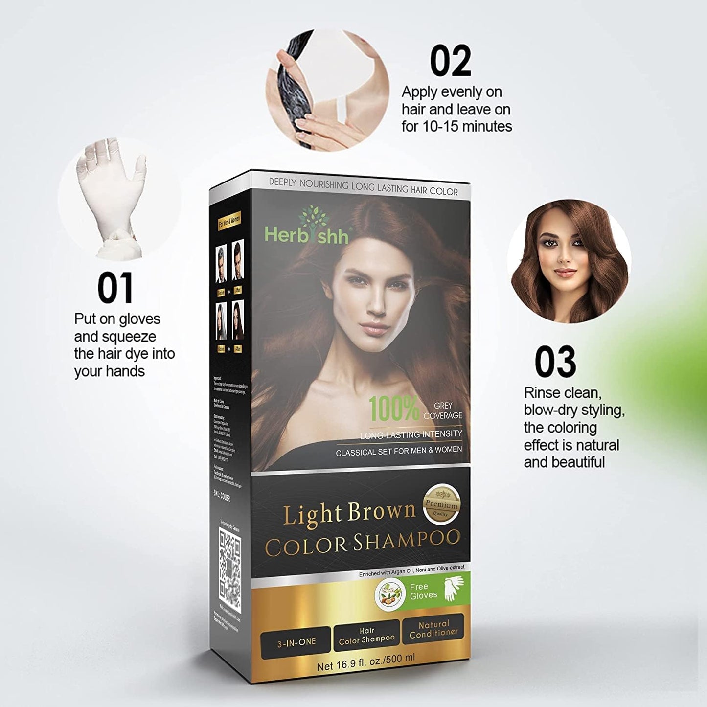 Herbishh After Color Shampoo Combo, 1 Hair Color Shampoo Hair Dye 500ml Argan Oil + 30ml Pro Keratin + 150 ml Argan Hair Mask, Hair Straightening, Shine And Protection For Men And Women (Light Brown)