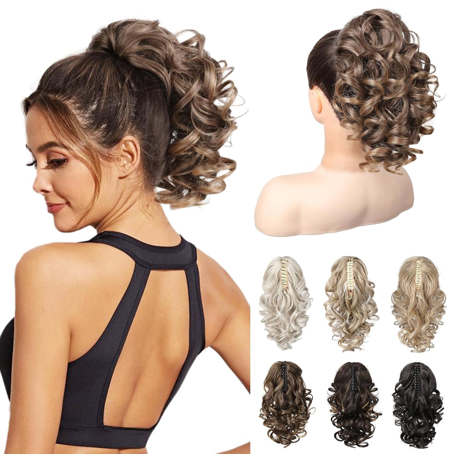 12-Inch Ponytail Extension - Classic Loose Curly Wavy Claw Clip Hairpiece for Women | Chocolate Brown with Highlights