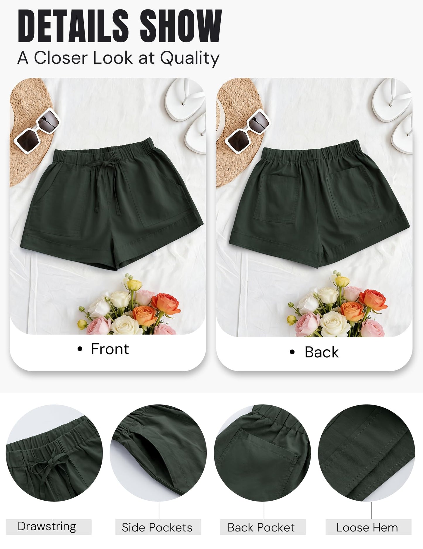 NILOINE Womens Drawstring Shorts Elastic Waist Shorts Casual Summer Beach Cotton Short Pants with Pockets(Army Green,Small)