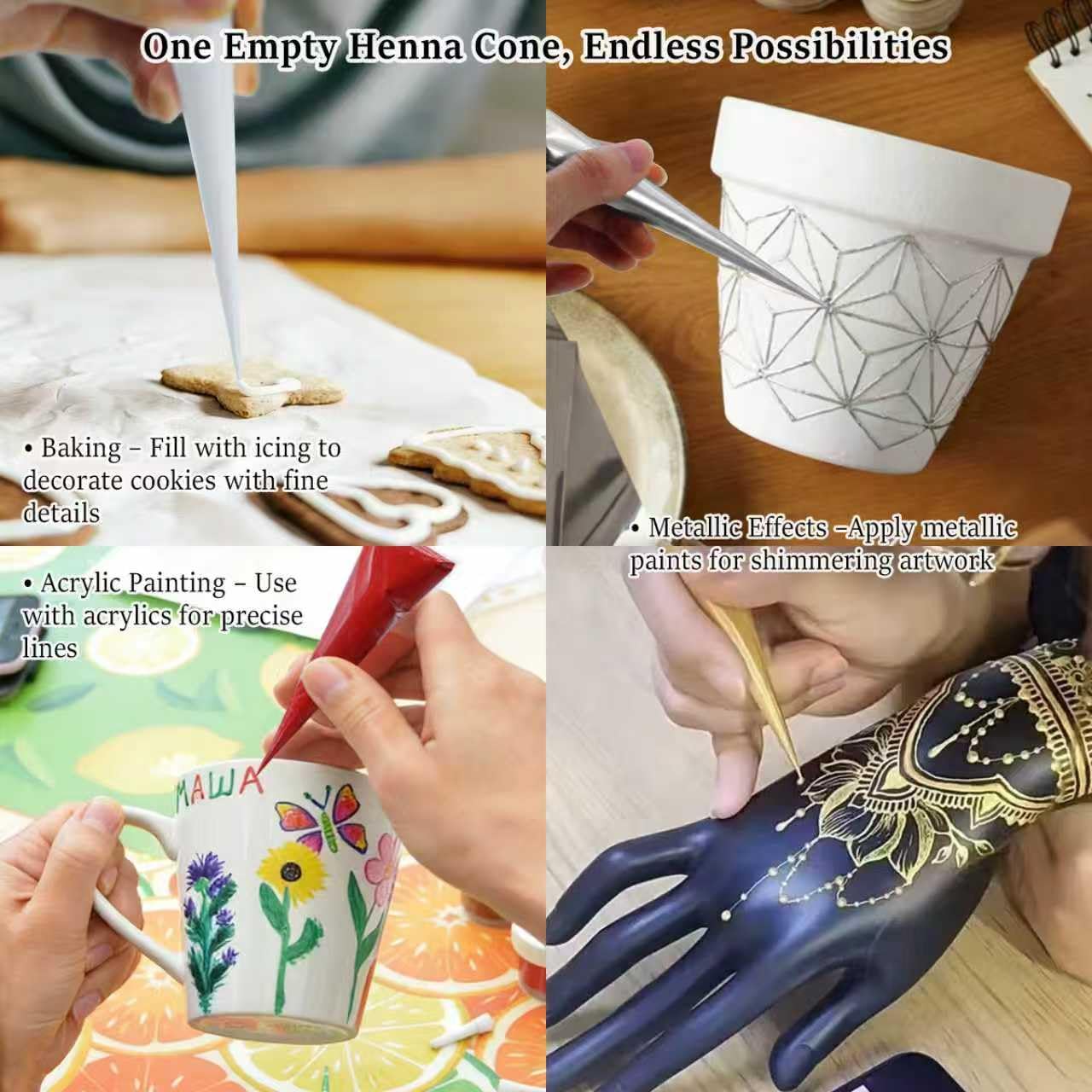 25Pcs Empty Henna Cones with 10 Caps|Precision 0.1mm Tip-Pre-Rolled Cellophane Applicator for Henna Paste, Jagua Gel, Icing Piping Bags, Fine Tip Paint Applicator -Mehendi Drawing|Beginners & Artists