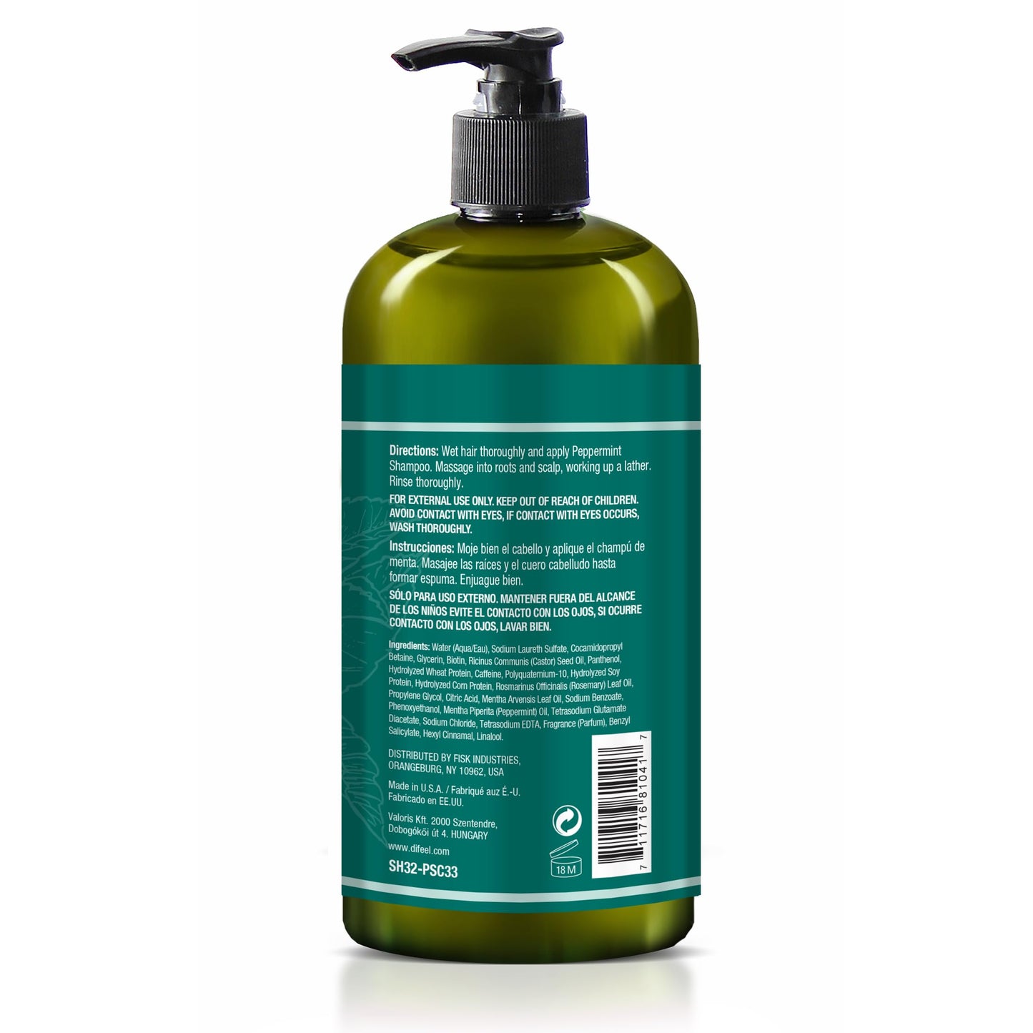 Difeel Peppermint Scalp Care Shampoo 33.8 oz. - Peppermint Shampoo Made with Natural Ingredients
