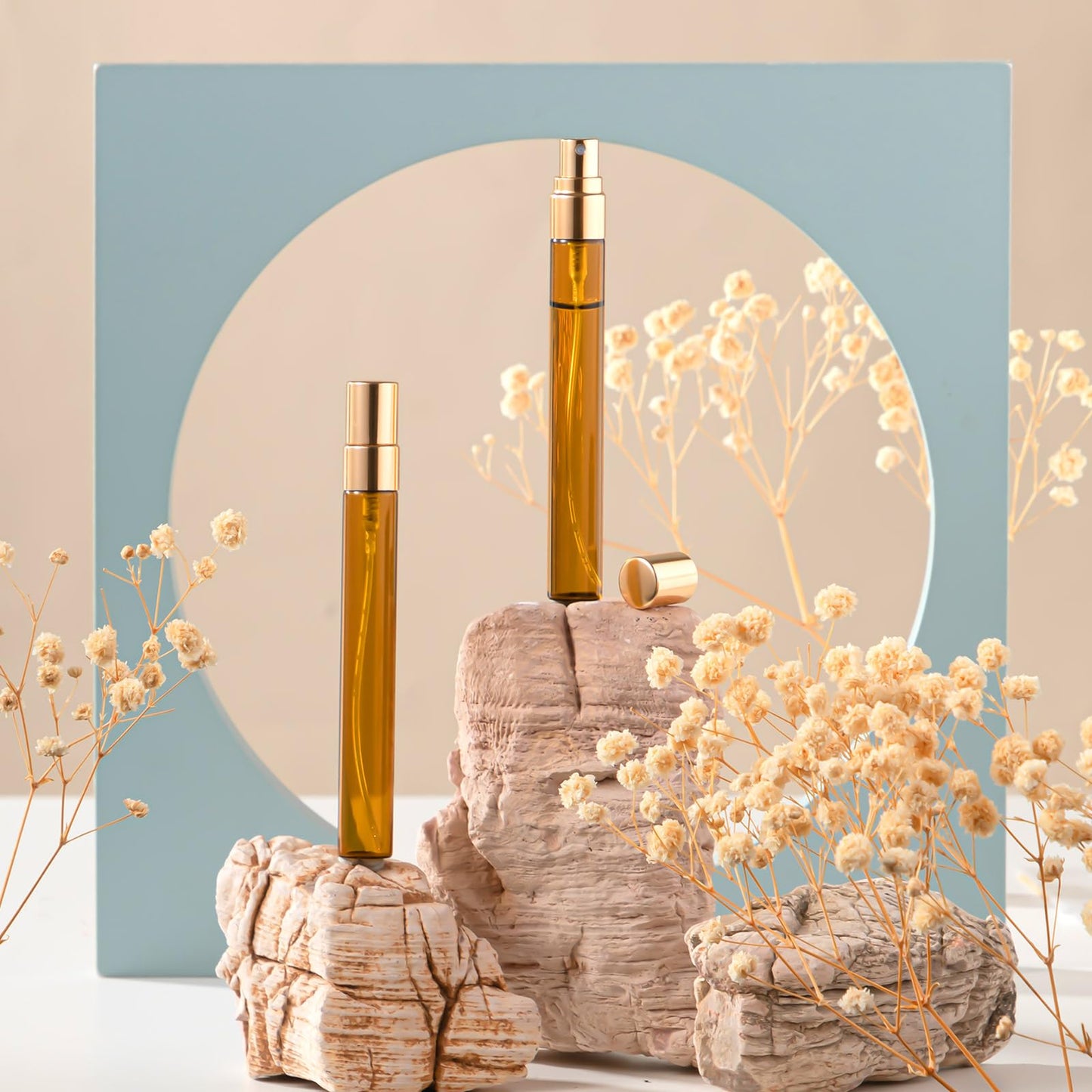 Domensi 60 Pcs 10ml Mini Perfume Bottle Fine Mist Atomizer Glass Refillable Bottles Decants Bulk for Perfumes Travel Glass Container with Atomizer Pump Kit for Fragrance(Amber, Gold, 10ml)