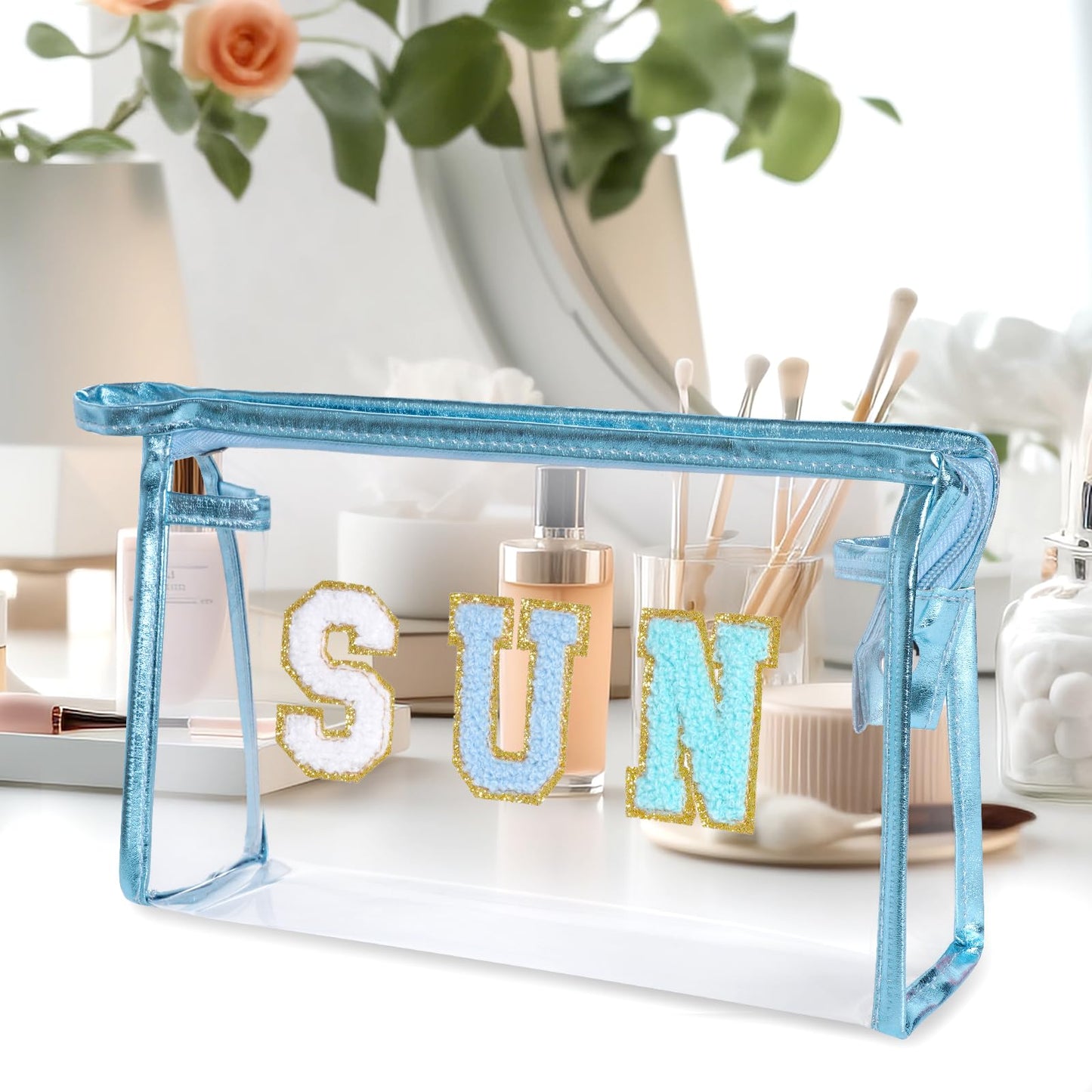 Hmxpls Clear Preppy Patch Makeup Bag, Sun Chenille Letter Bag for Beach, Pouch With Zipper, Travel Cosmetic Toiletry Bag for Women Girls Teens (Blue)