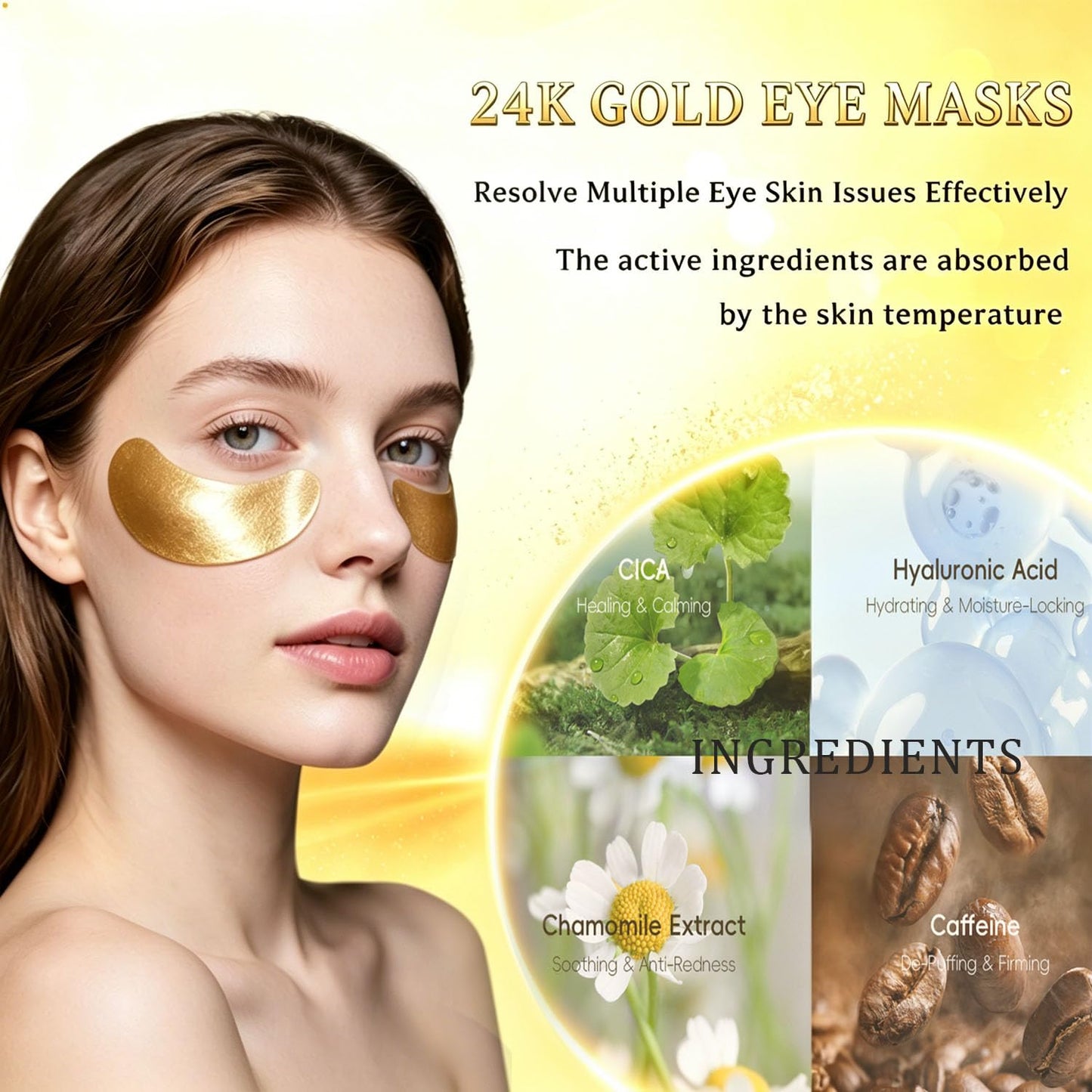 Under Eye Patches, 24k Gold Eye Mask with Hyaluronic Acid, Reduce Wrinkles