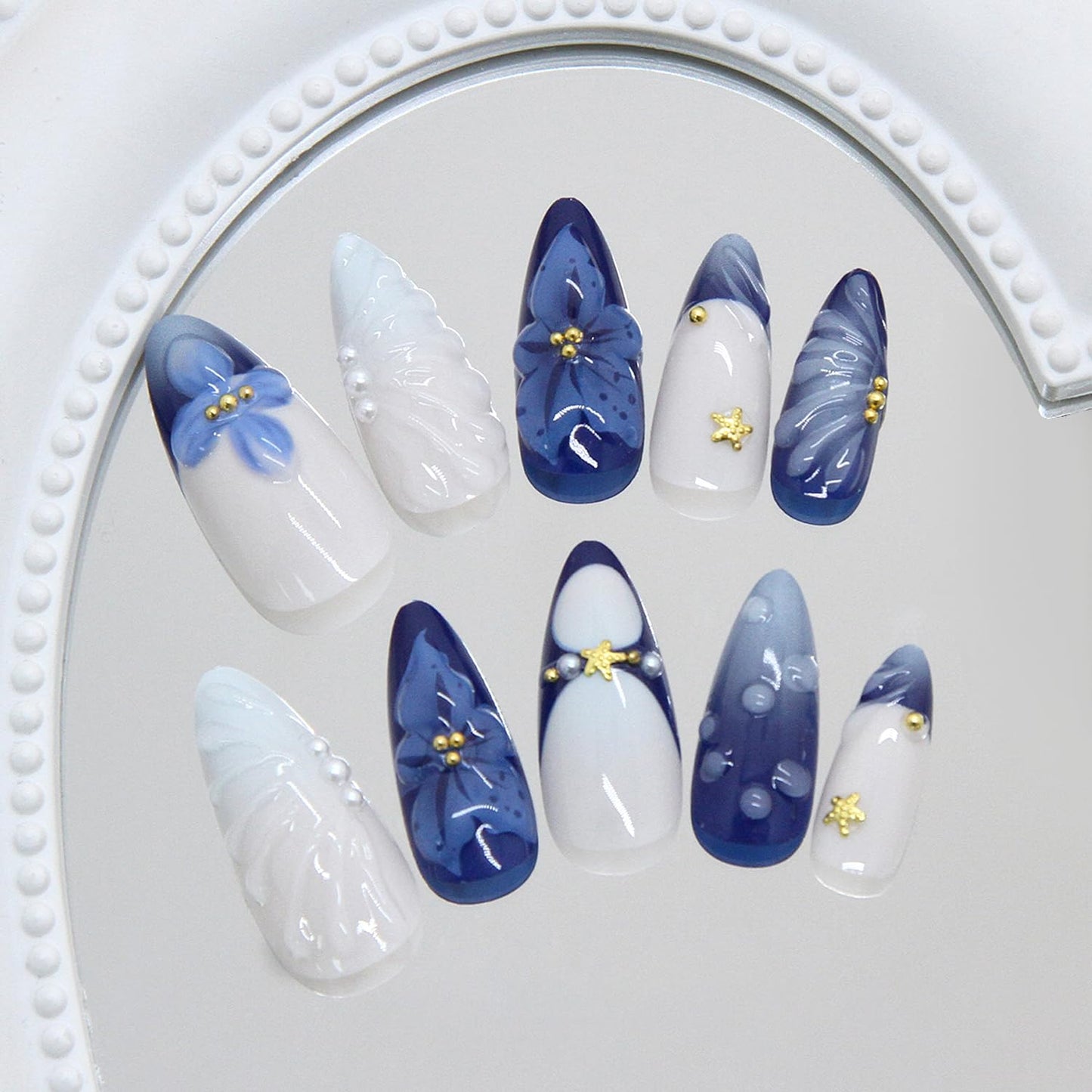 24Pcs Blue Flower Press on Nails Medium Almond French Tip Fake Nails with 3D Gold Starfish Pearls Designs Lily Flowers False Nails Blue Gradient Full Cover Cute Floral Acrylic Stick on Nails for Women