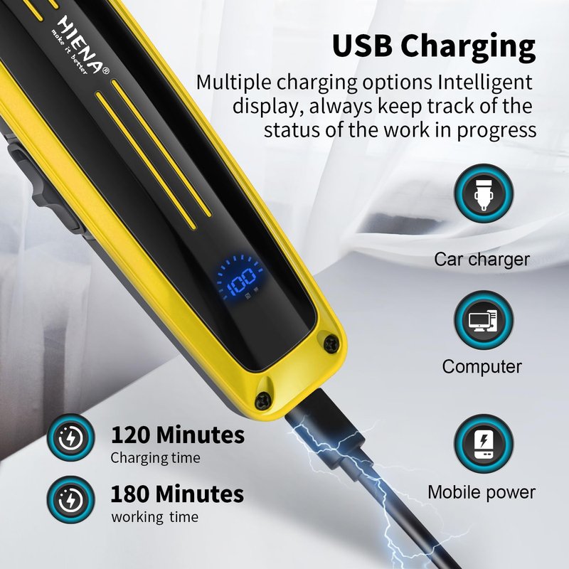 HIENA PRO Professional Electric Hair Trimmer for Men, Cordless Clipper Barber Haircut Tool with USB, Rechargeable T-Blade Precision Beard Trimmer, Perfect Gifts for Men(Gold)