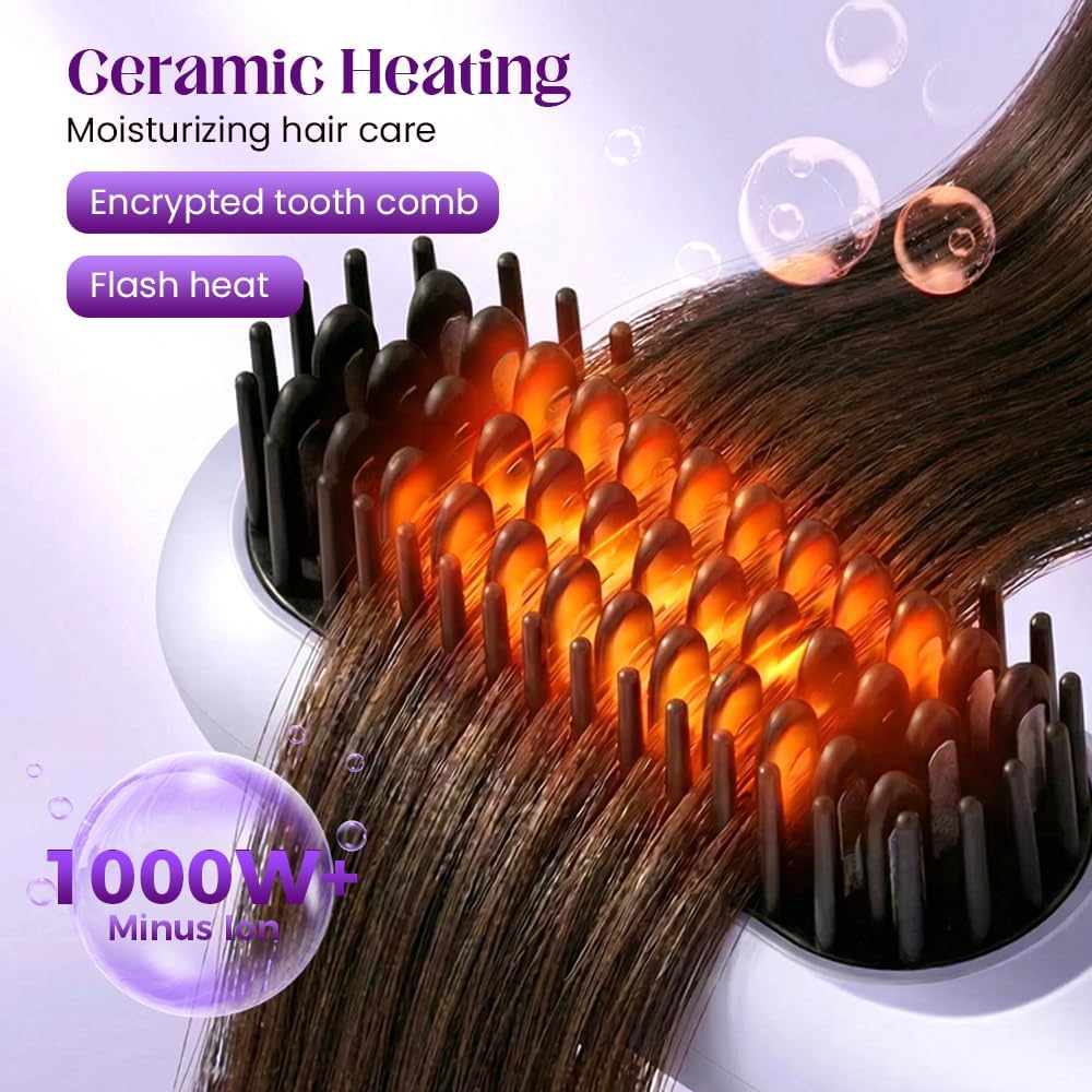 Portable Straightener Brush - Cordless Ionic Ceramic Hair Tool for Long Hair | 30s Fast Heat, 3 Temp Settings, USB-C Rechargeable (Purple)