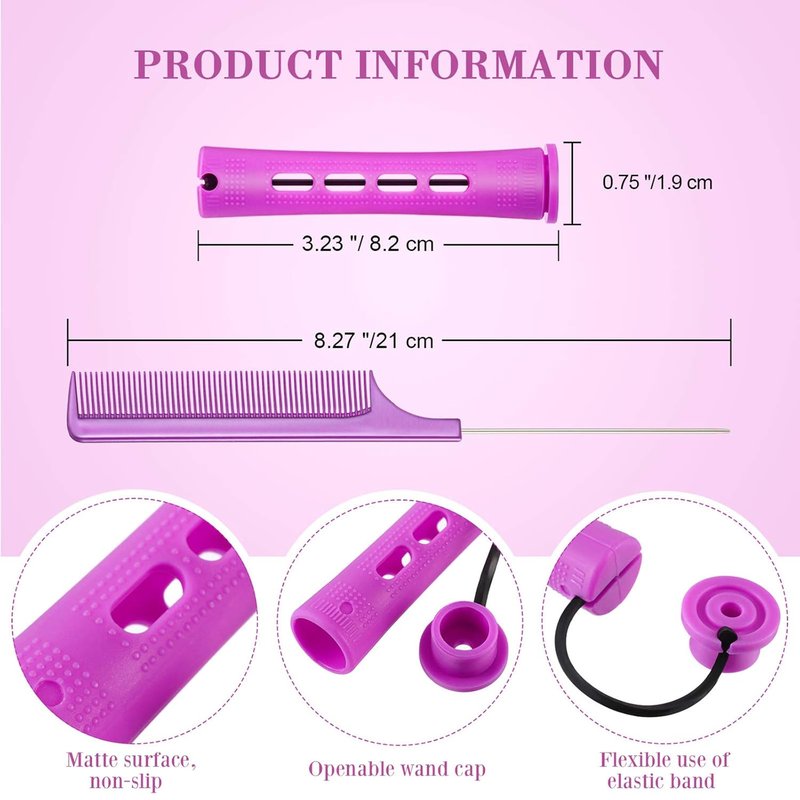 24 Pcs Hair Perm Rods - Plastic Cold Wave Curlers with Steel Pintail Comb | Purple, 0.75 Inches