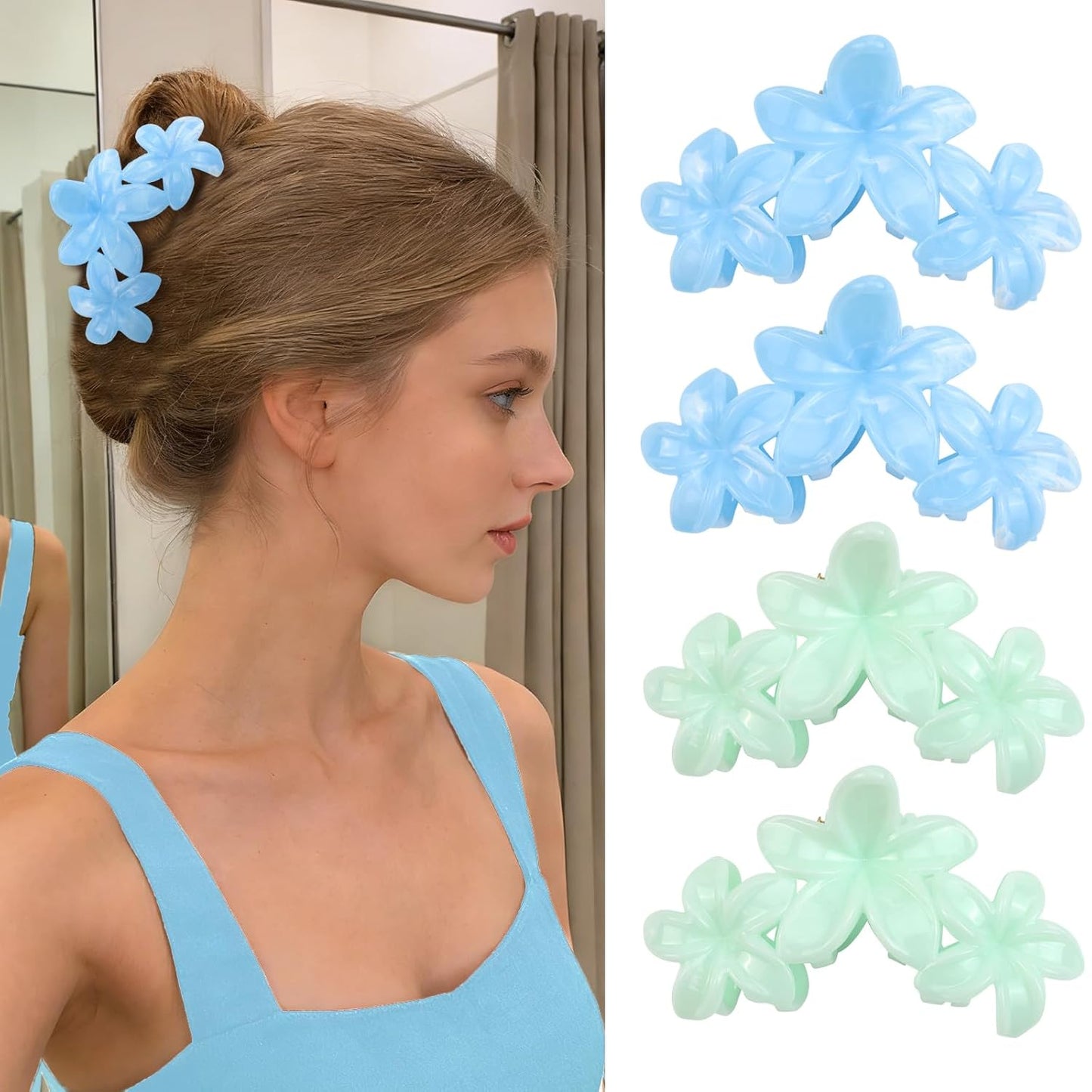 Cute Hawaiian Flower Claw Hair Clips - 4Pcs Large Clips for Thick or Thin Hair | Pink & Red Beach Accessories