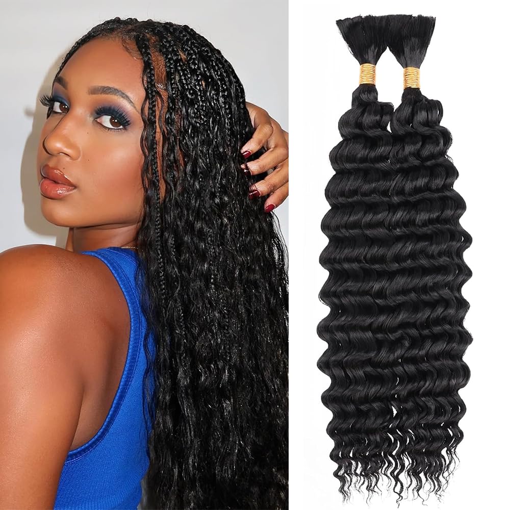 Human Braiding Hair for Boho Braids 110g 14 Inch Curly Boho Human Hair for Braiding Knotless 12A Deep Wave Bulk Bohemian 2 Bundles/Pack Natural Color