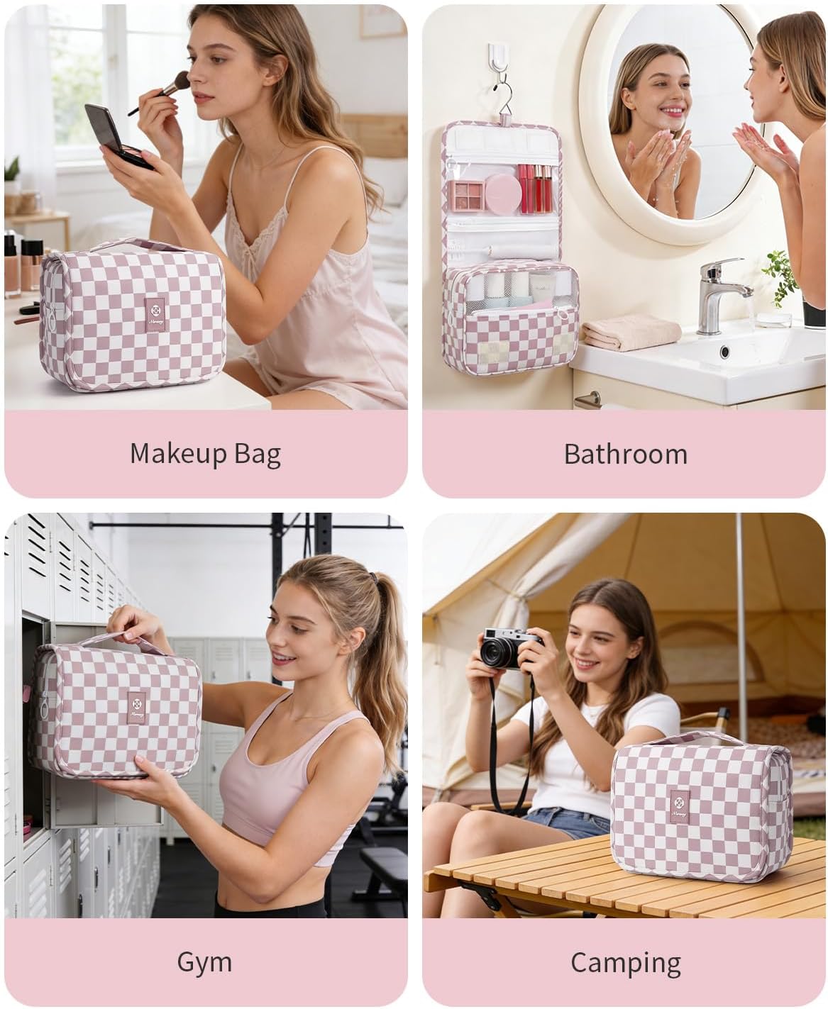 Small Hanging Travel Toiletry Bag - Checkered Makeup Organizer for Women | Dusty Pink Checkerboard