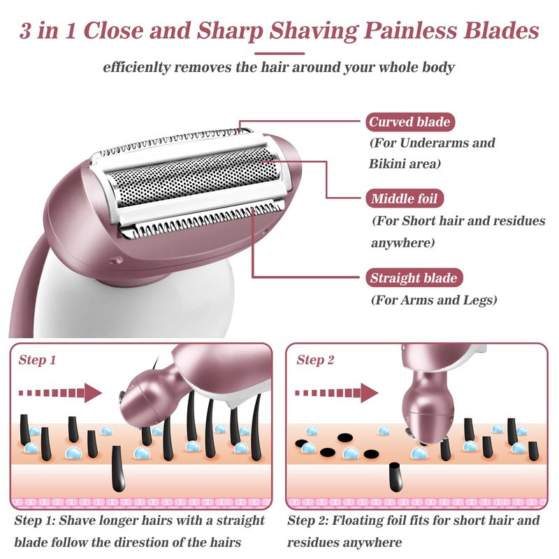 Electric Shaver for Women for Legs Bikini Trimmer Electric Razors for Women Underarm Public Hairs Rechargeable Womens Shaver Wet Dry Use Painless Cordless with Detachable Head (Pink)