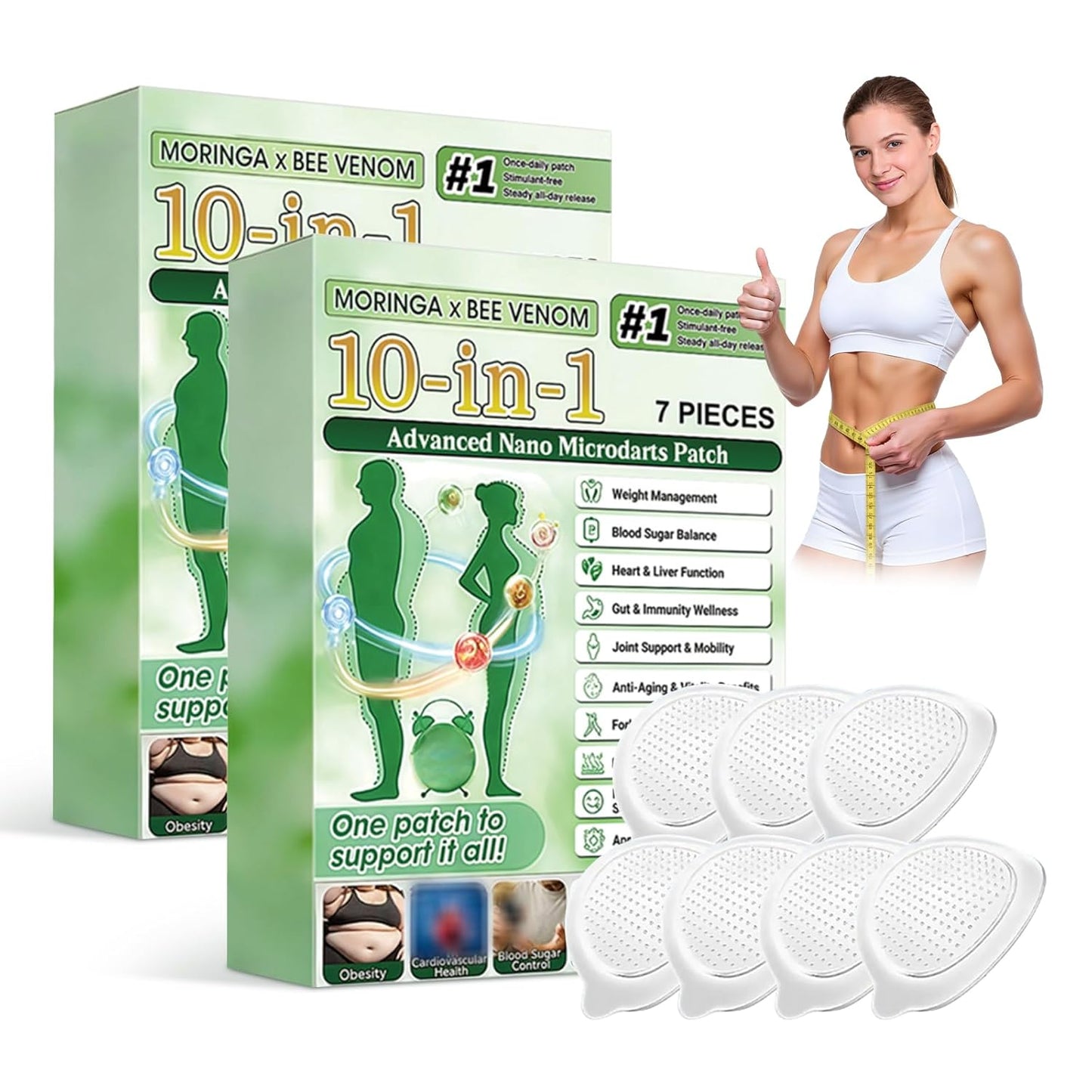Moringa 10-in-1 Nano Microdart Patch Set | Natural Slimming Patches for All Skin Types - 2 Boxes
