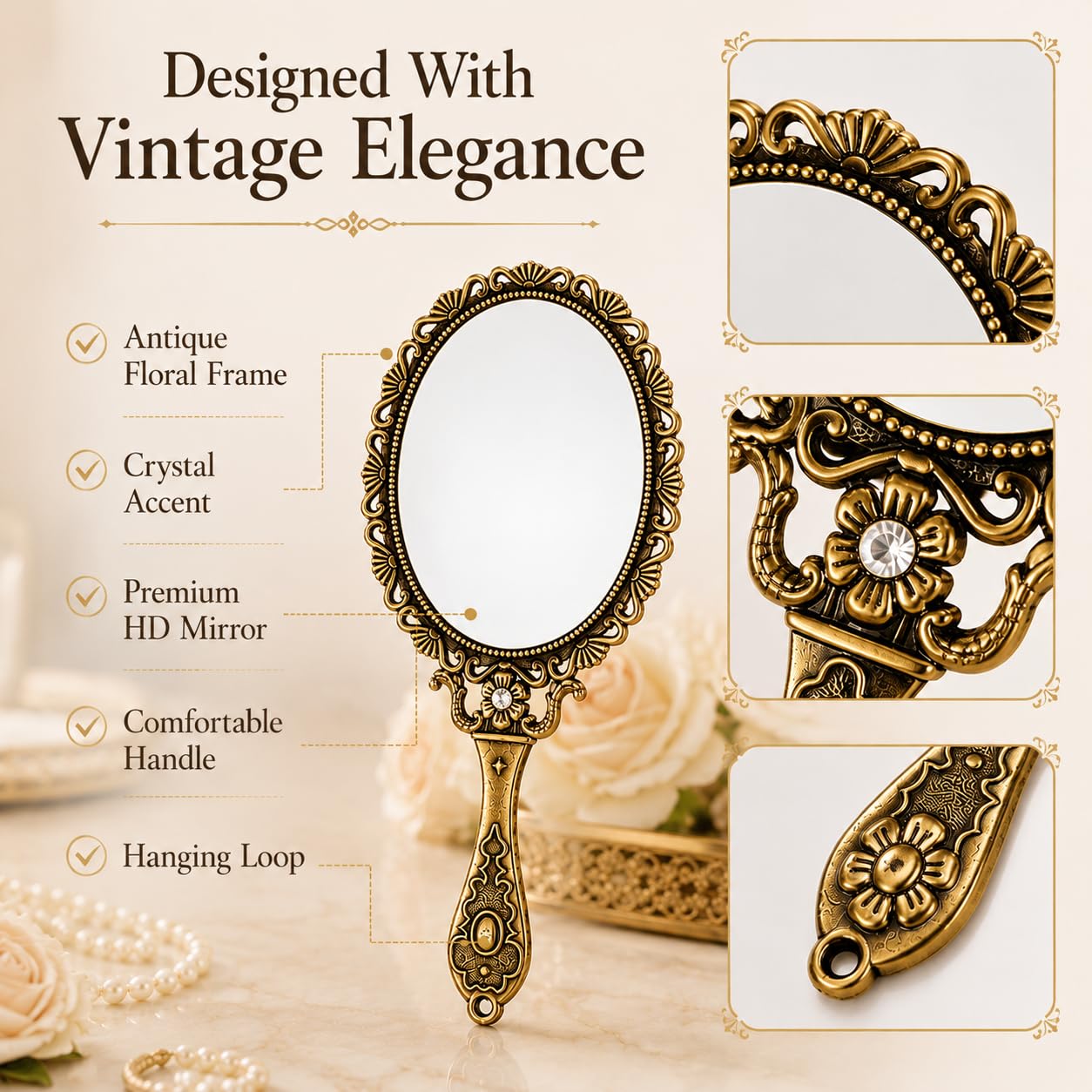 SEHAMANO Hand Mirror with Handle Compact Handheld Makeup Mirror Rose Cosmetic Clear Mirror (Matt Gold (Brass))
