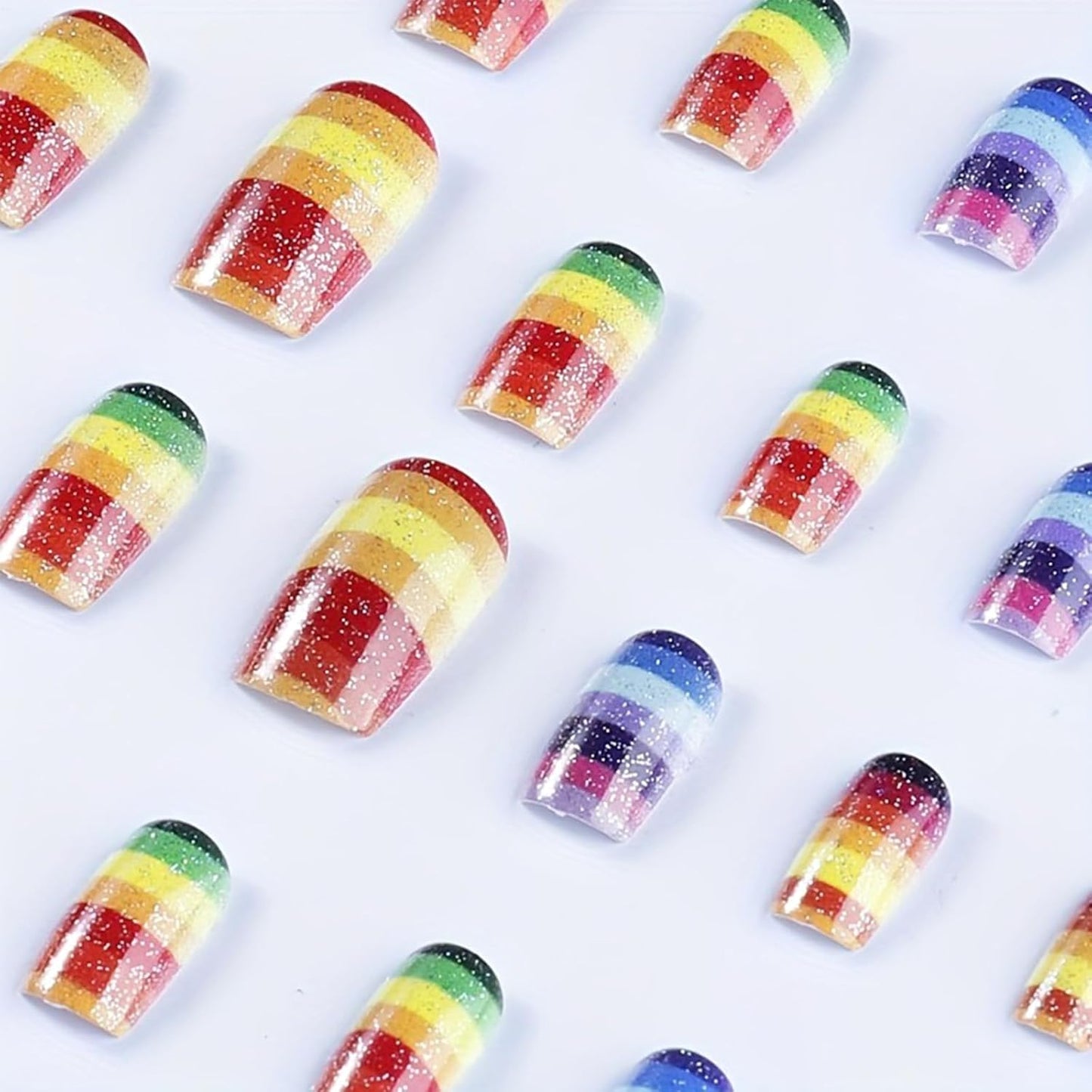 Rainbow Glitter Press-On Nails - Medium Square Colorful Stripes | Glossy Reusable Full Cover Fake Nails for Women - 24 Pcs