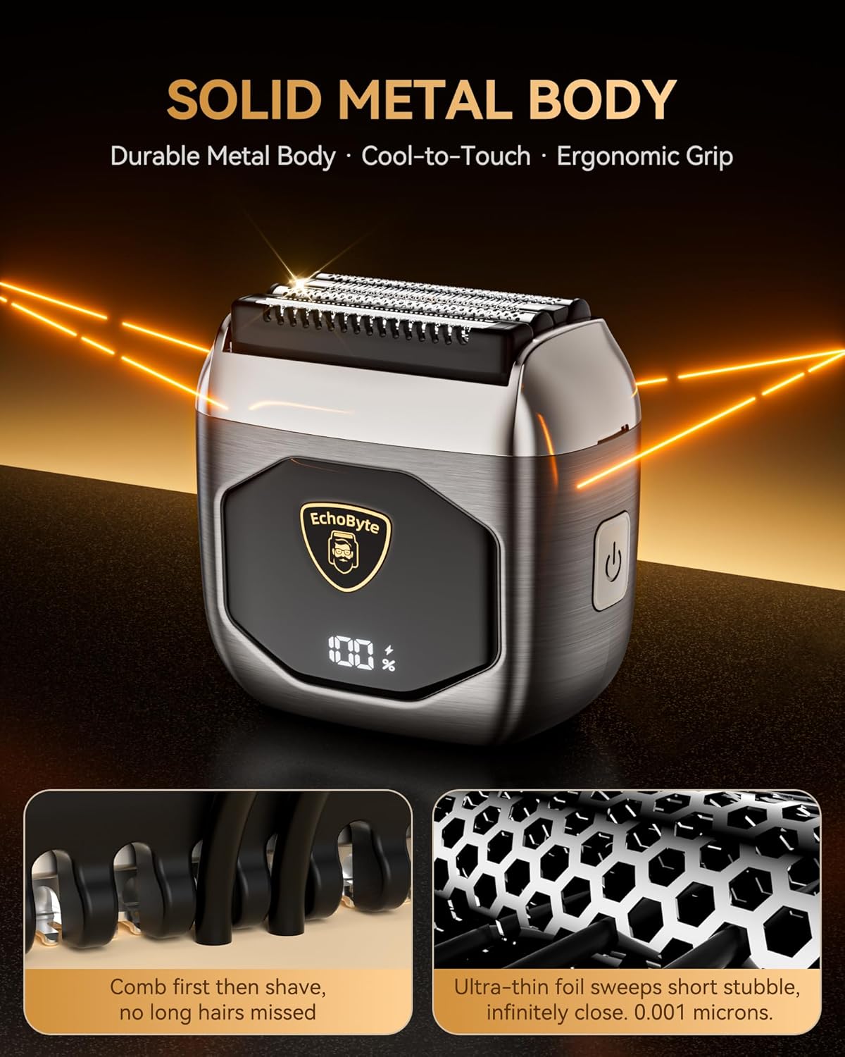 Full Metal Electric Foil Shaver for Men - IPX7 Waterproof, 4 Floating Blades, USB-C Rechargeable, Quiet Travel Groomer