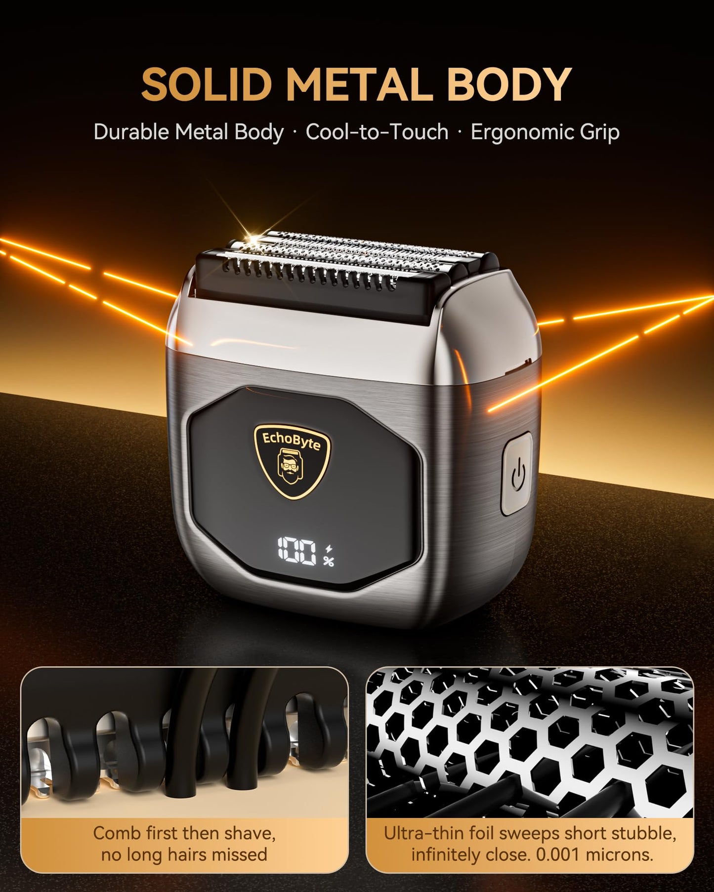 EchoByte Full Metal Electric Foil Shaver for Men: 4 Floating Blades, IPX7 Waterproof Wet & Dry Mini Razor, 120-Min Runtime USB-C Rechargeable, Quiet Travel Groomer with LED Display & Travel Lock