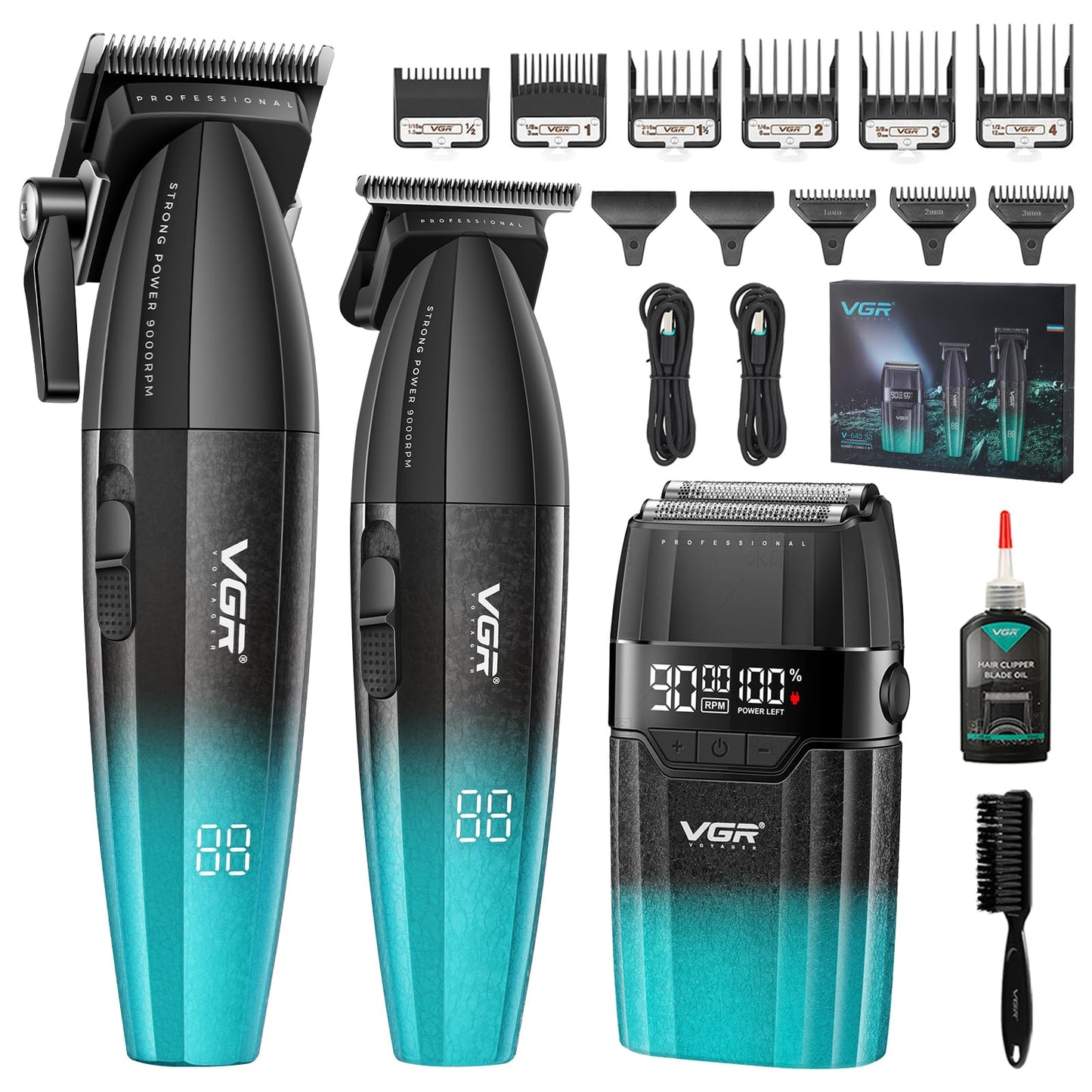 VGR 640S3 Professional 3 in 1 Hair Cutting Kit, 9000RPM Hair Clippers for Men Professional Hair Trimmer & Foil Shavers Set, Cordless Mens Barber Combo for Home, for Him(Green)