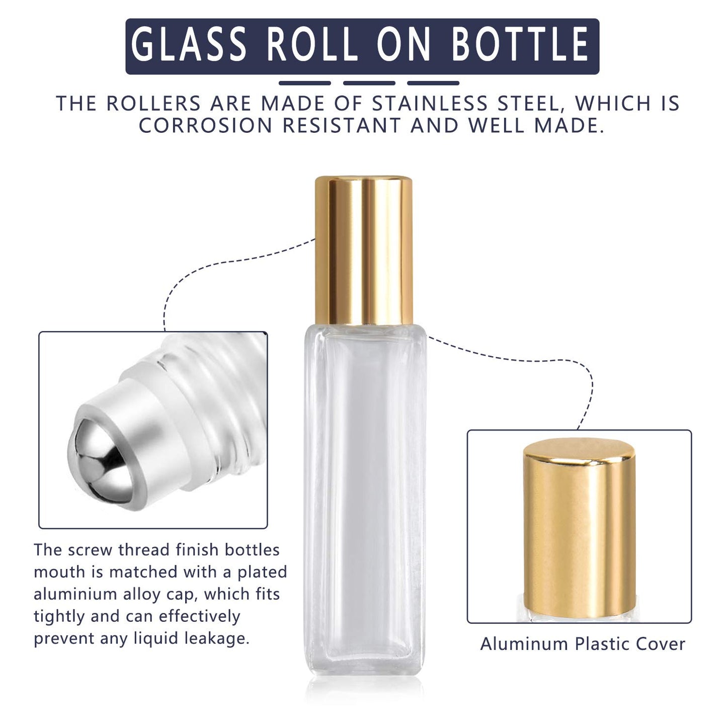 Refillable Glass Roller Bottles - 4 Pack Thick Square Essential Oil Containers | 1/3oz (10ml)