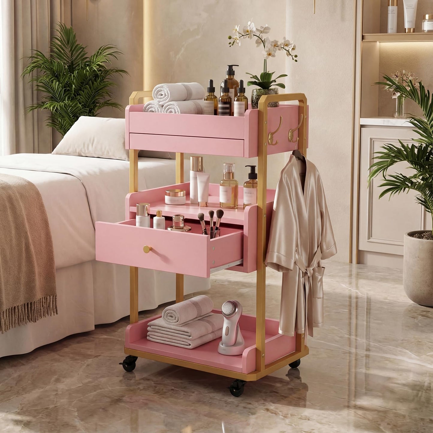 Salon Spa Cart with Wheels & Drawer, 3-Tier Rolling Beauty Storage Cart with Slide-Out Tray, Mobile Salon Cart for Esthetician, Beauty Salon and Spa Use (Pink)