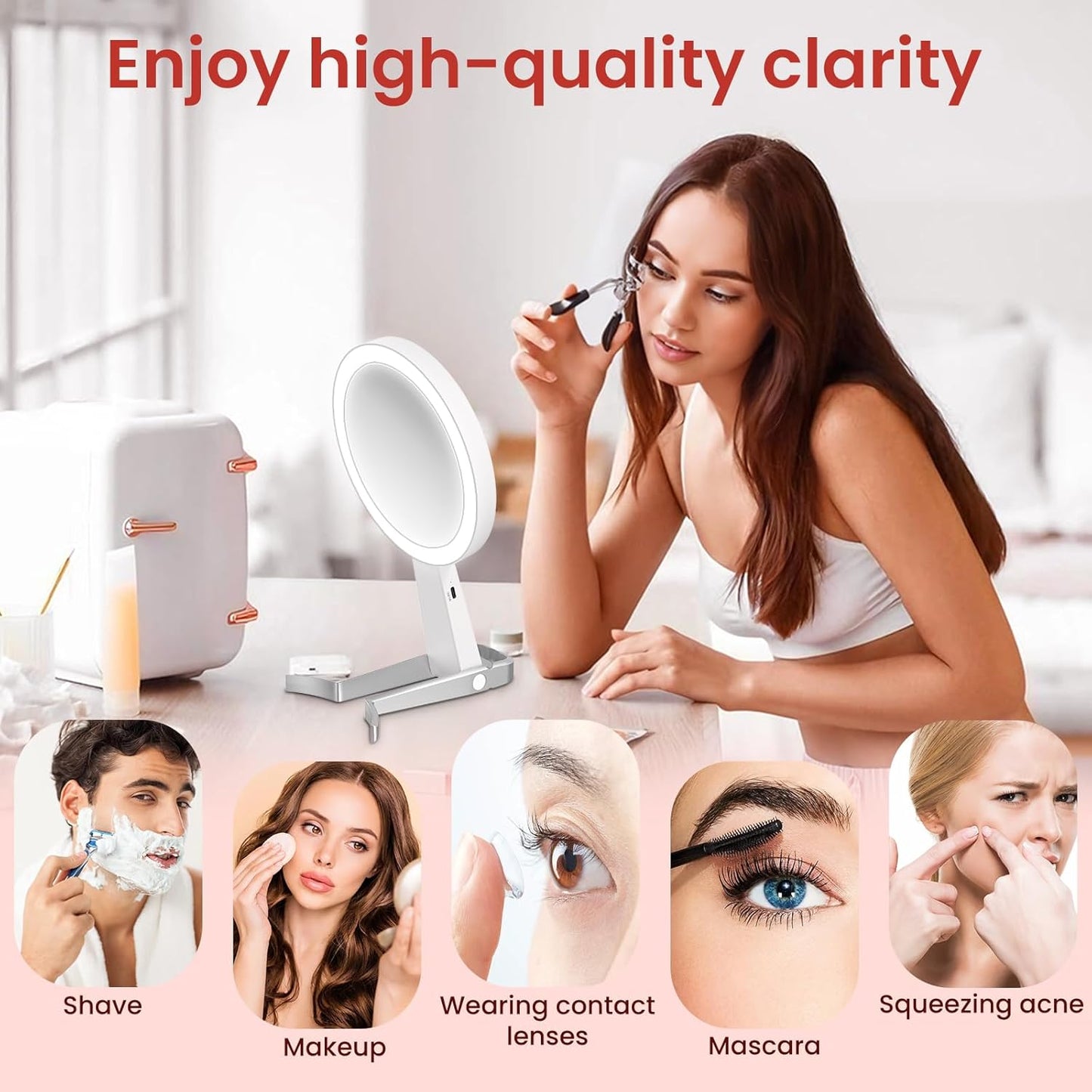 Makeup Mirror with Lights - Double-Sided 10X Magnification | Portable Rechargeable 3-in-1 Design