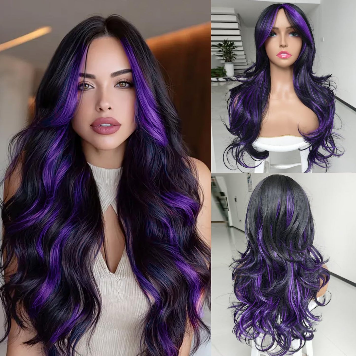 Long Black Wavy Wig for Women - Layered Synthetic Hair with Curtain Bangs | 24-Inch Natural Look