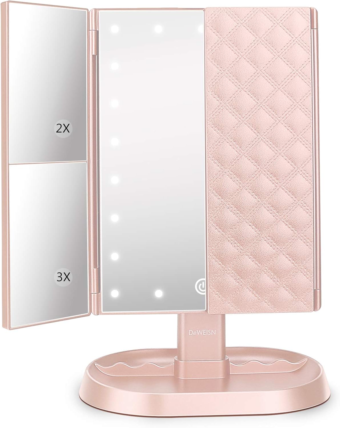 Trifold Lighted Vanity Makeup Mirror - 21 LED Lights, Touch Screen Dimming | 1x/2x/3x Magnification, Dual Power Supply