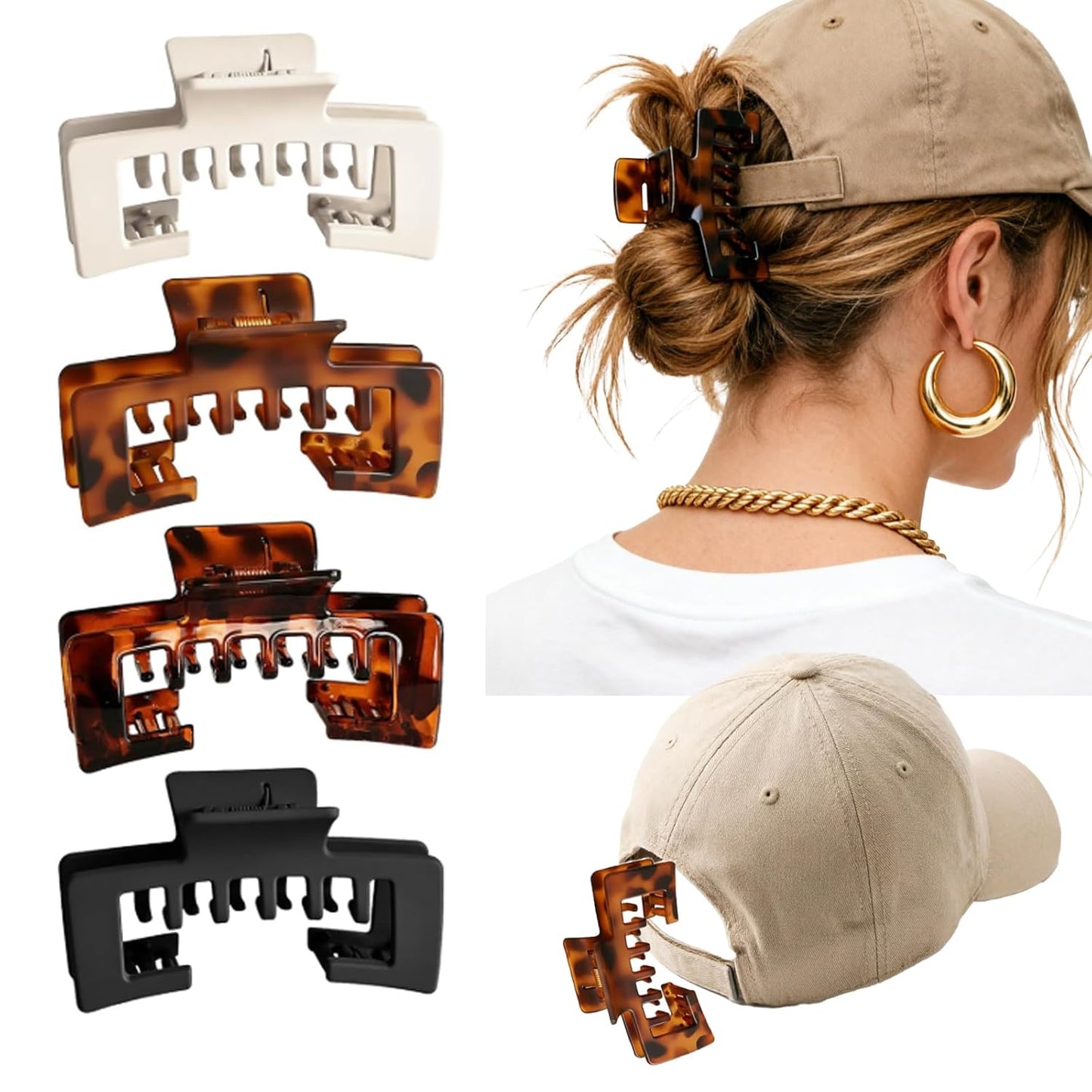 Claw Clips for Baseball Caps - Non-Slip Square Design Hair Accessories for Women | 4-Pack
