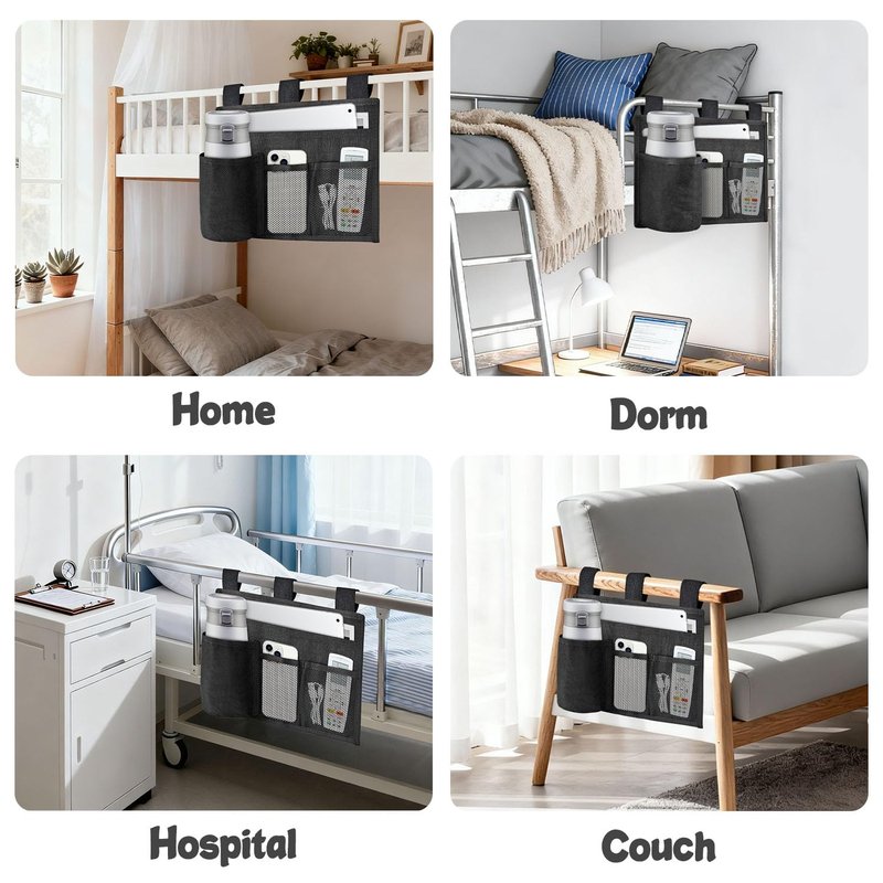 BOHEMIABY Hanging Bedside Caddy, 4 Pockets Bunk Bed Caddy, Bed Pocket for University Dormitories, Hospitals, Chairs, Crib Guardrails for Mobile Phone, Tablet Computer, Remote Control, Water Cup