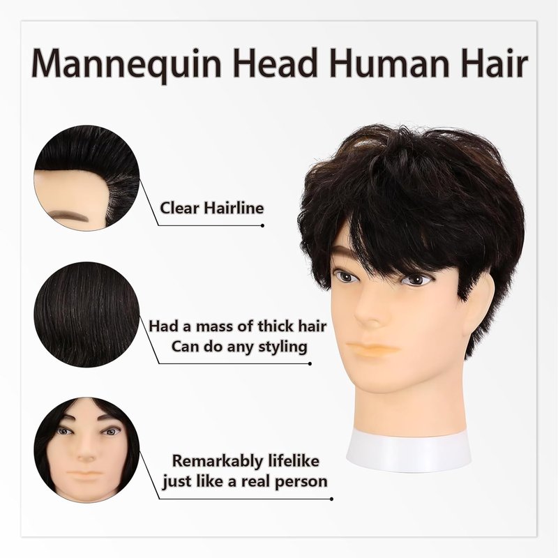 Realistic Male Mannequin Head - 10" Human Hair Training Manikin for Hair Cutting & Styling | Black