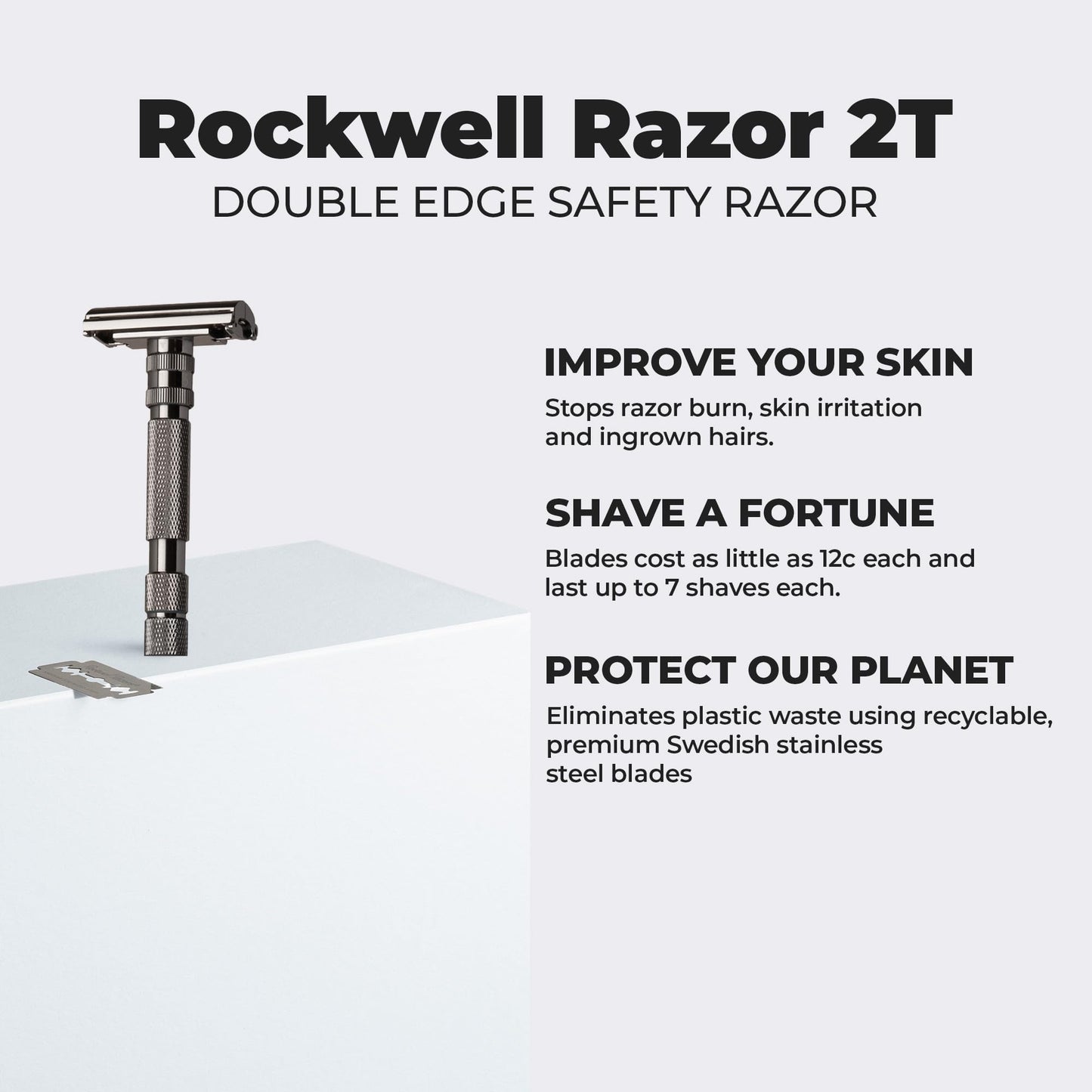 Rockwell T2 | Twist-To-Open (TTO) Double-Edge Safety Razor | Full Metal | Includes 5 Fully Recyclable Stainless Steel Blades (Gunmetal Chrome)