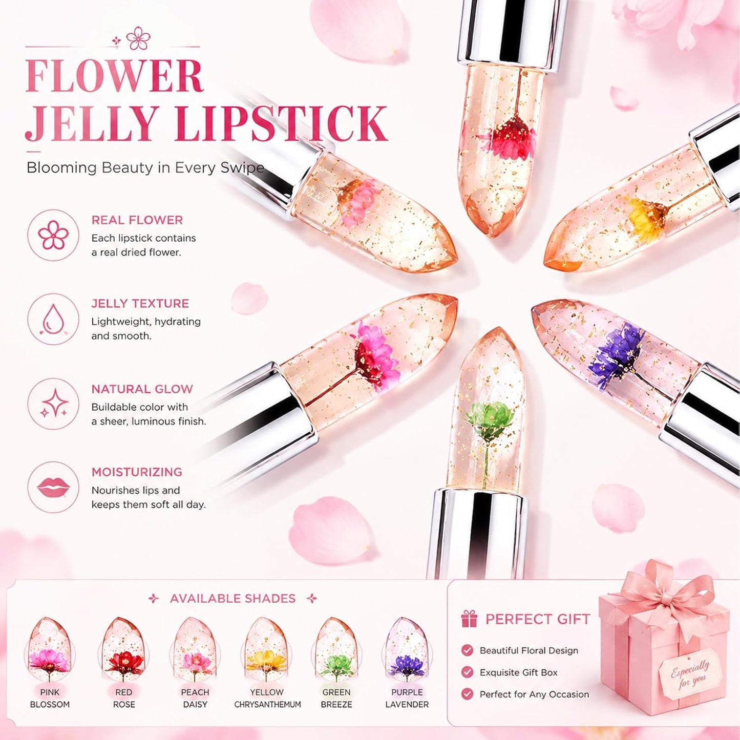 Crystal Flower Jelly Lipstick - Pack of 6 | Long-Lasting Color-Changing Lip Balm for Moisturized Lips | Perfect Gift for Women