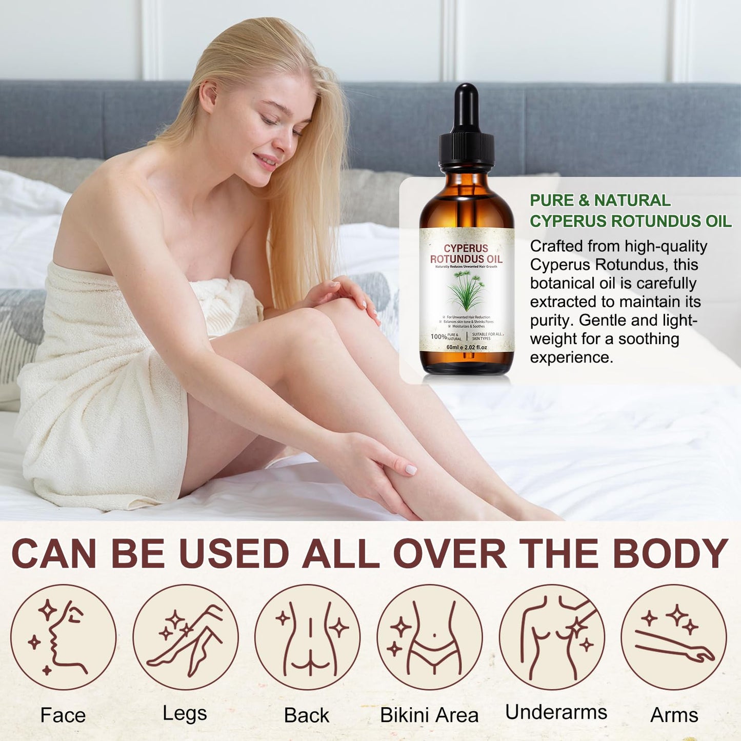 Cyperus Rotundus Oil Hair Removal, Natural for Reducing Body Hair Growth, Shrink Pores, Moisturizes & Soothes The Skin - 60ml
