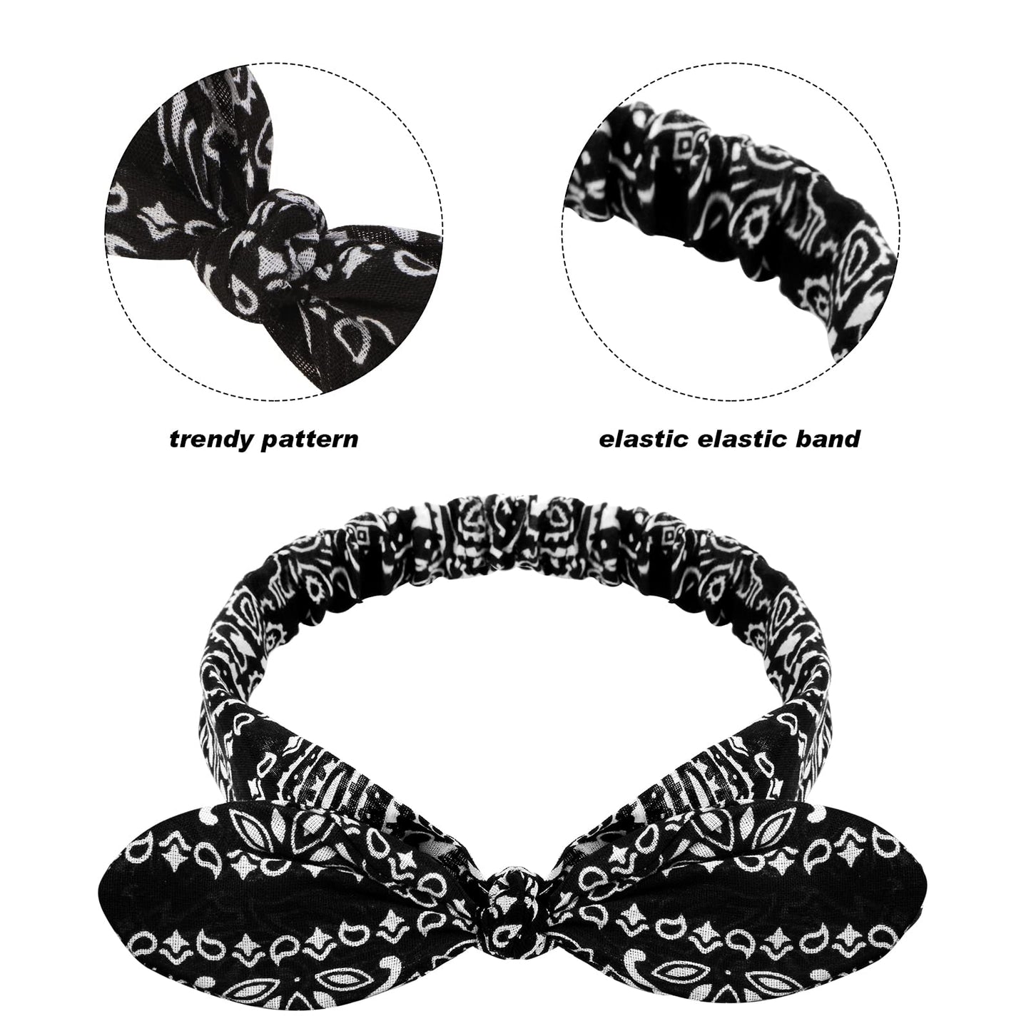 Hicarer 2 Pcs Bandana Headband for Women Girl, Knot Retro Paisley Print Bandana Rabbit Ears Hair Headband Adjustable Headwrap