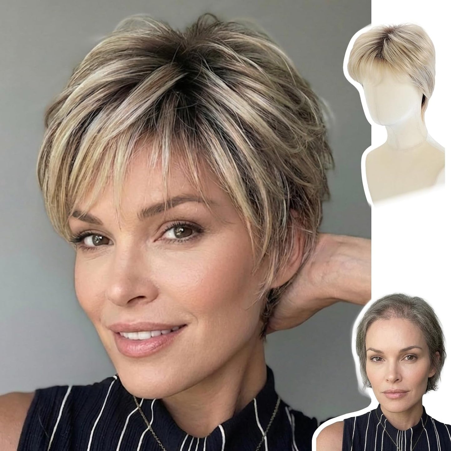 Short Pixie Wig for Women | Curly Ash Blonde with Dark Roots - Heat-Resistant Synthetic Wig with Bangs, Lightweight Cap