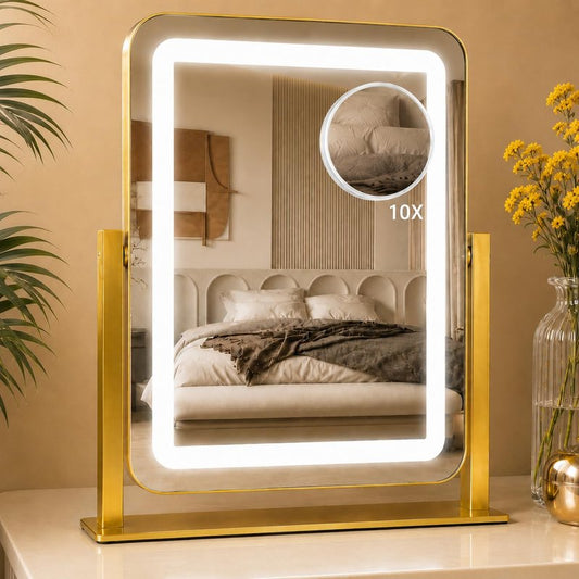 HNV 15" x 13" Gold Lighted Makeup Mirror, 3-Color Dimmable LED Vanity Mirror with Touch Control, Plug-in Desk Mirror with 360° Rotation for Bedroom, Dorm & Vanity Table