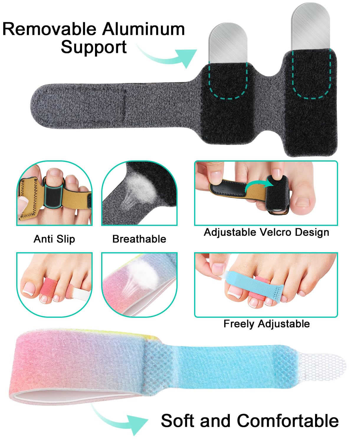 snqqmtt 2Pcs Hammer Toe Straightener with Removable Aluminum Plate and 2Pcs Broken Toe Wraps for Women & Men, Adjustable Toe Corrector for Curled & Bent Toe, Broken Support (Medium)