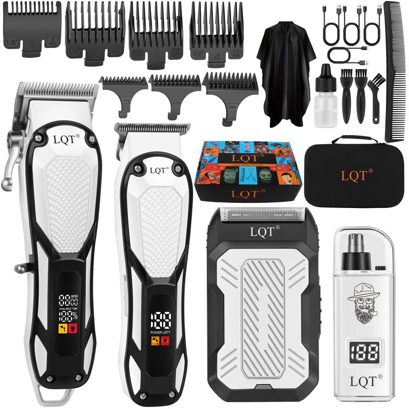 LQT Hair Clippers for Men 4 in 1 White LED Display Cordless Clippers Set Professional Electric Beard Trimmer for Men Foil Shaver Nose and Ear Hair Trimmer with Storage Bag to Son Husband Father Gifts