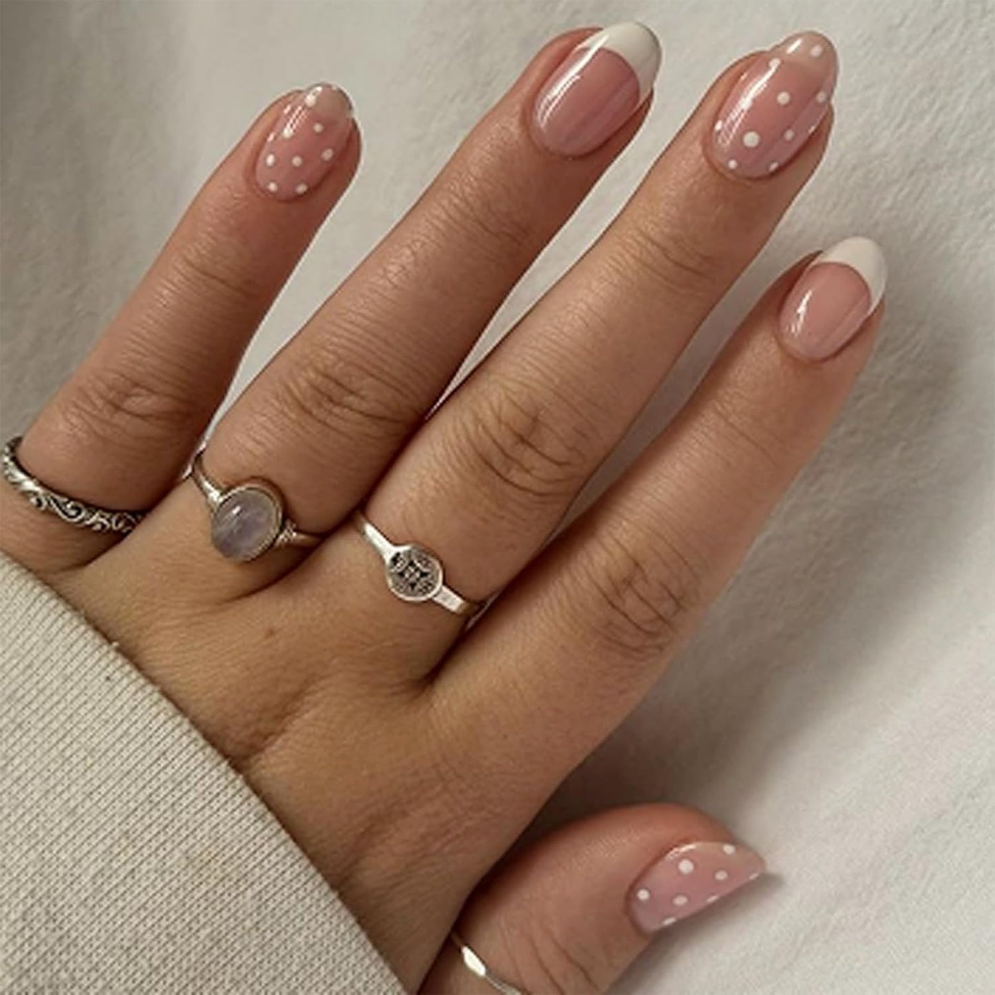 Almond Press-On Nails - White French Tip with 3D Gold Bow | Reusable Acrylic Full Cover, 24 Pcs