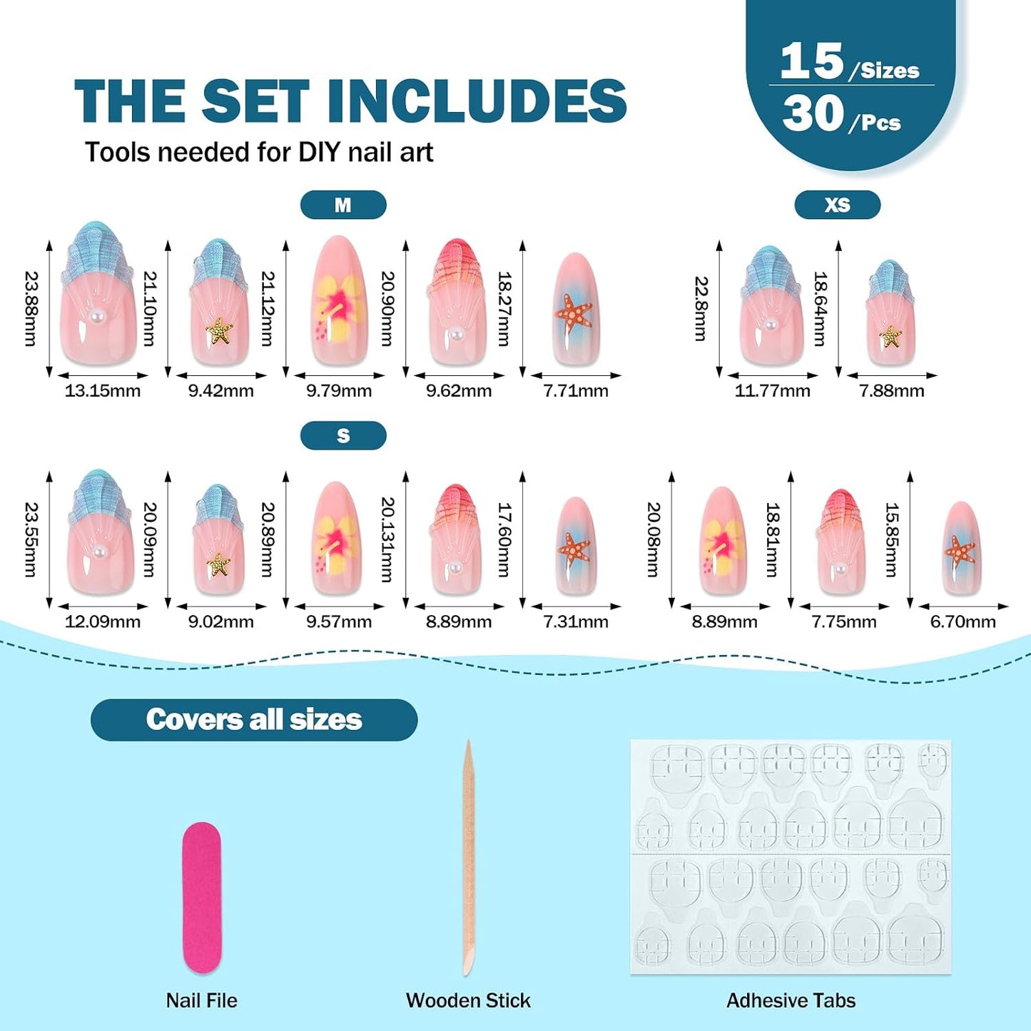 Colorful Summer Press-On Nails - Medium Almond Blue Ocean & Fish Designs | 30PCS Glossy Beach Nails for Women