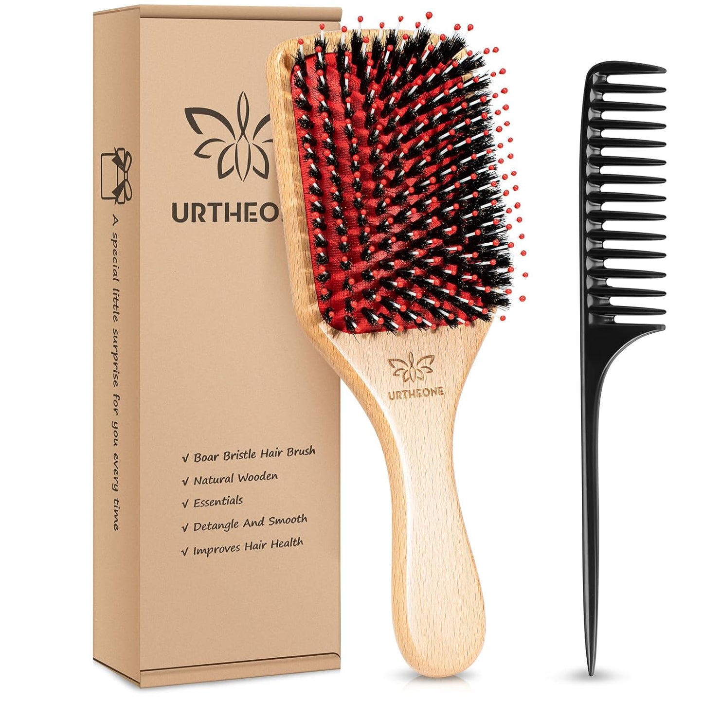 Boar Bristle Hair Brush - Paddle Brush for Thick, Curly & Thin Hair | Smooths & Adds Shine