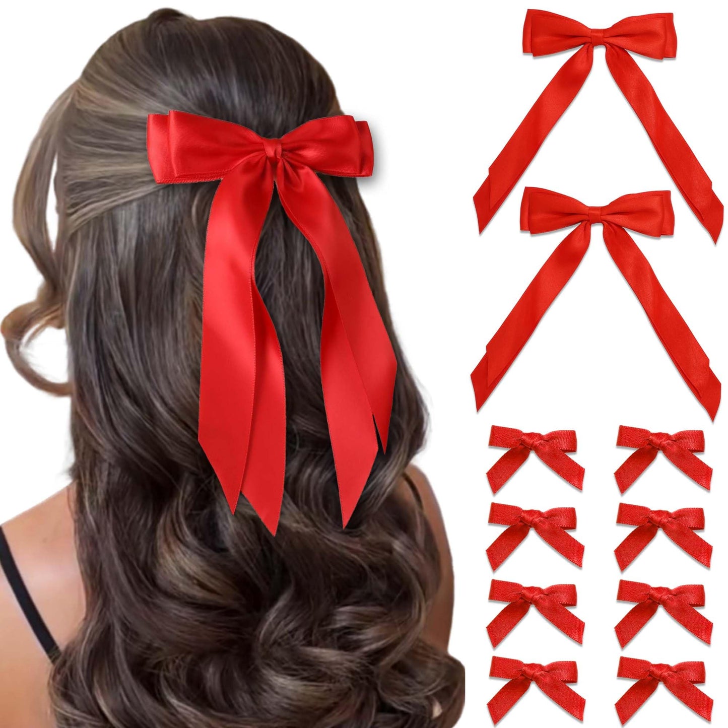 STGDAK Red Hair Bows For Girls Women Double Layer Ribbon Long Tails Elegant Bow Clips Mini Ribbon Bow Barrettes Small Bowknot Clip Valentine's Day Hair Accessories For Girls Women