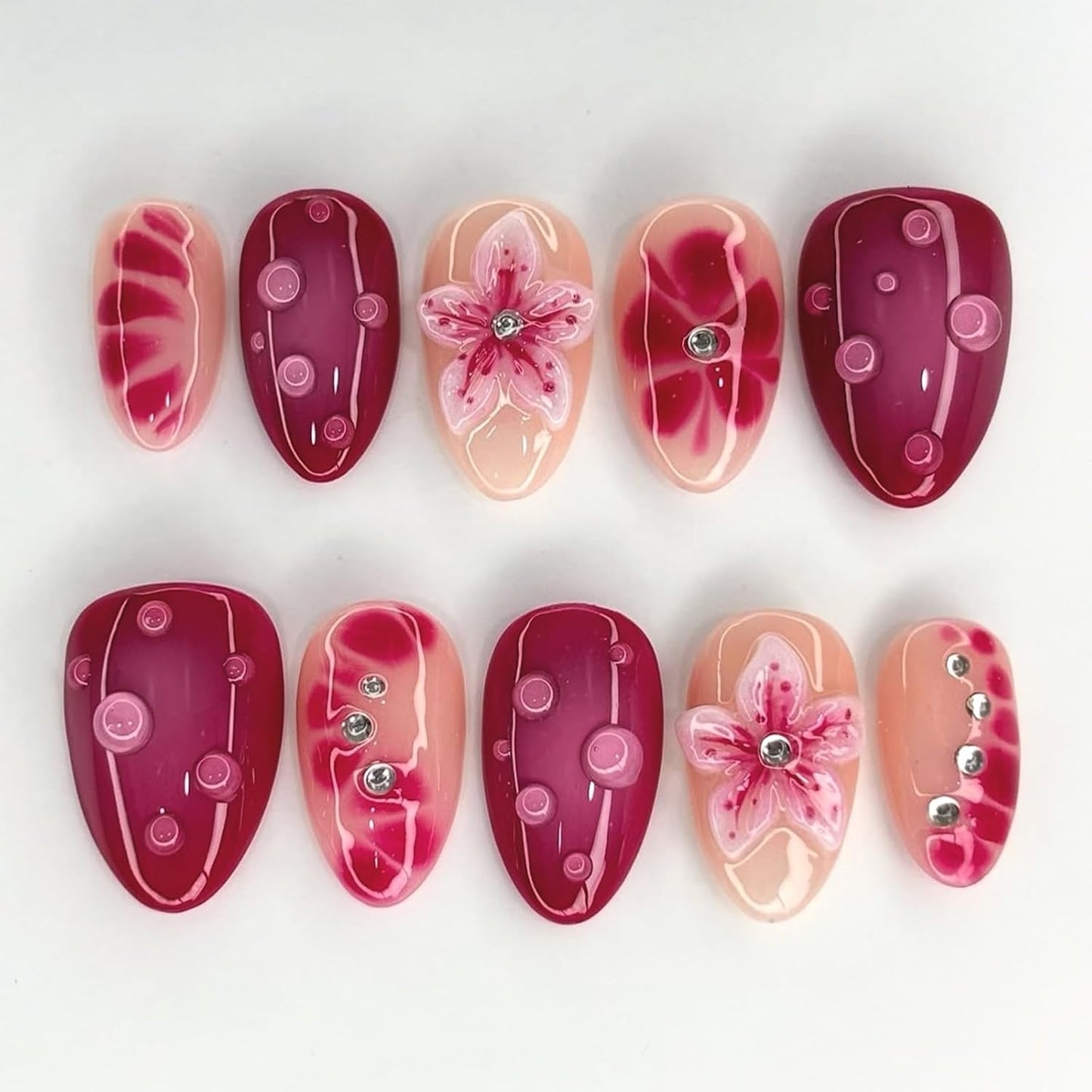 Gothic Press On Nails - Long Stiletto Acrylic Nails with 3D Metal Balls | Dark Red Gradient, 24 Pcs