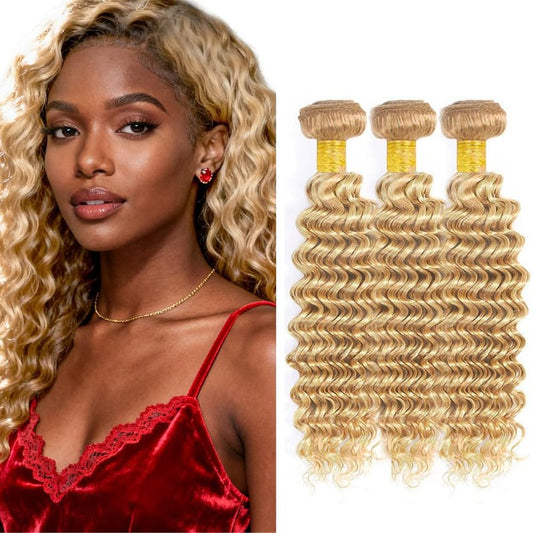 20 22 24 Inch DiexrLamx Blonde Bundles Color #27 Deep Wave Bundle 150g 8A Peruvian Virgin Hair 3 Bundles Double Weft P27/613 Deep Wave Hair Extensions