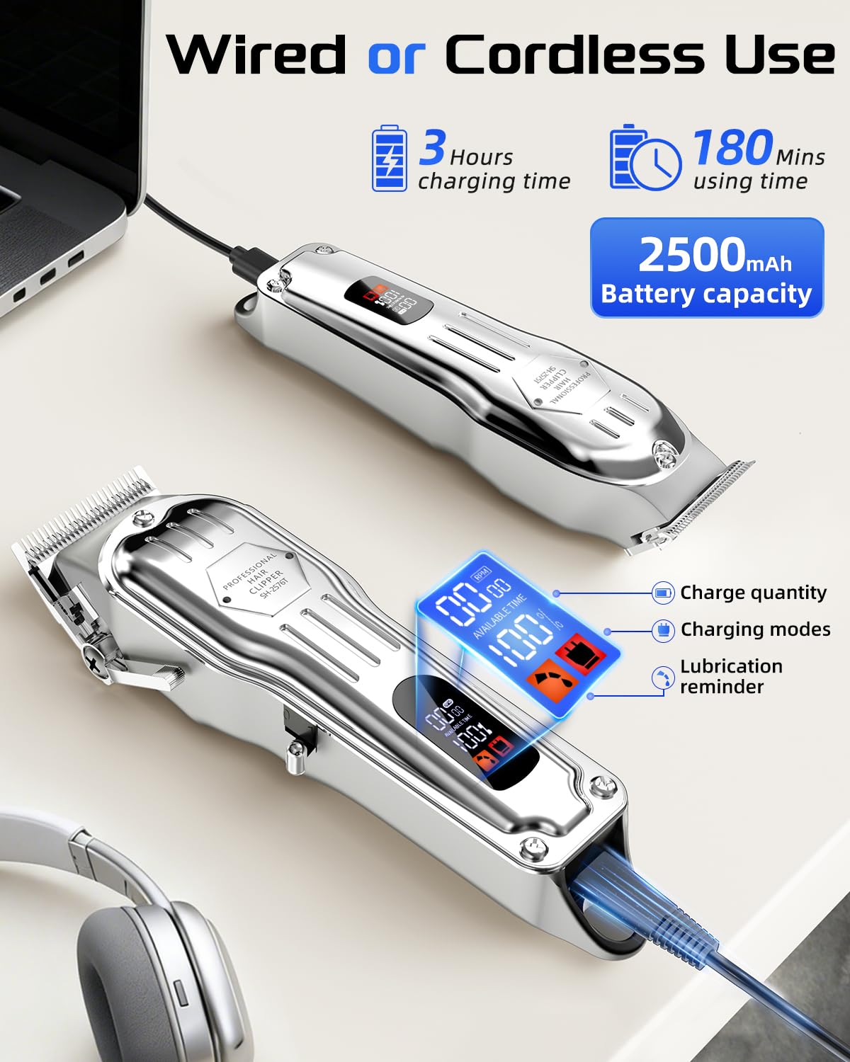 KIKIDO Hair Clippers Professional Cordless for Men, Barber Clippers for Hair Cutting Kit, Wireless LCD Display Hair Trimmers Set, Rechargeable Haircut Machine for Family (Silver)