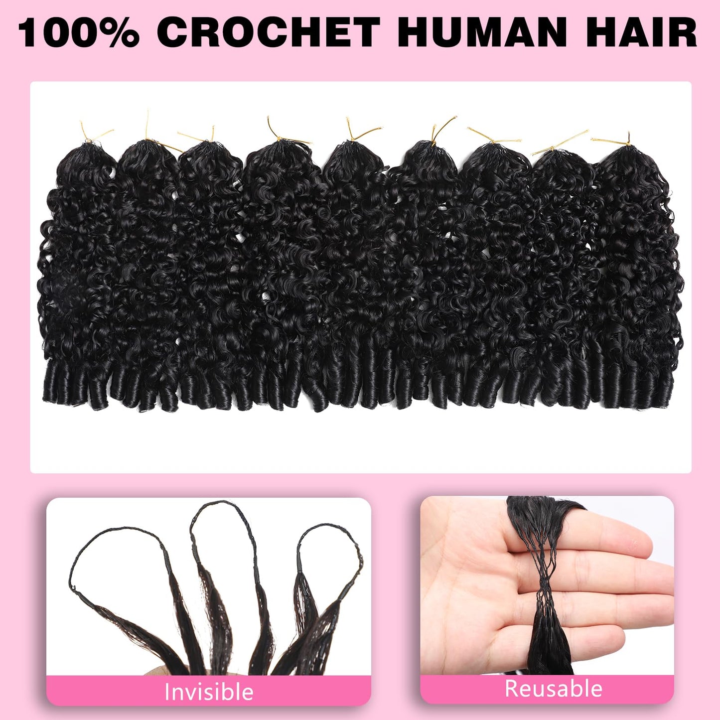 Beauty Queen Burmese Curly Crochet Human Hair 20 Inch 120g Knotless Pre-Separated Feather Human Hair Crochet Bundles 3C4A Lightweight Reusable Remy Hair Extensions for Women Natural Black Color